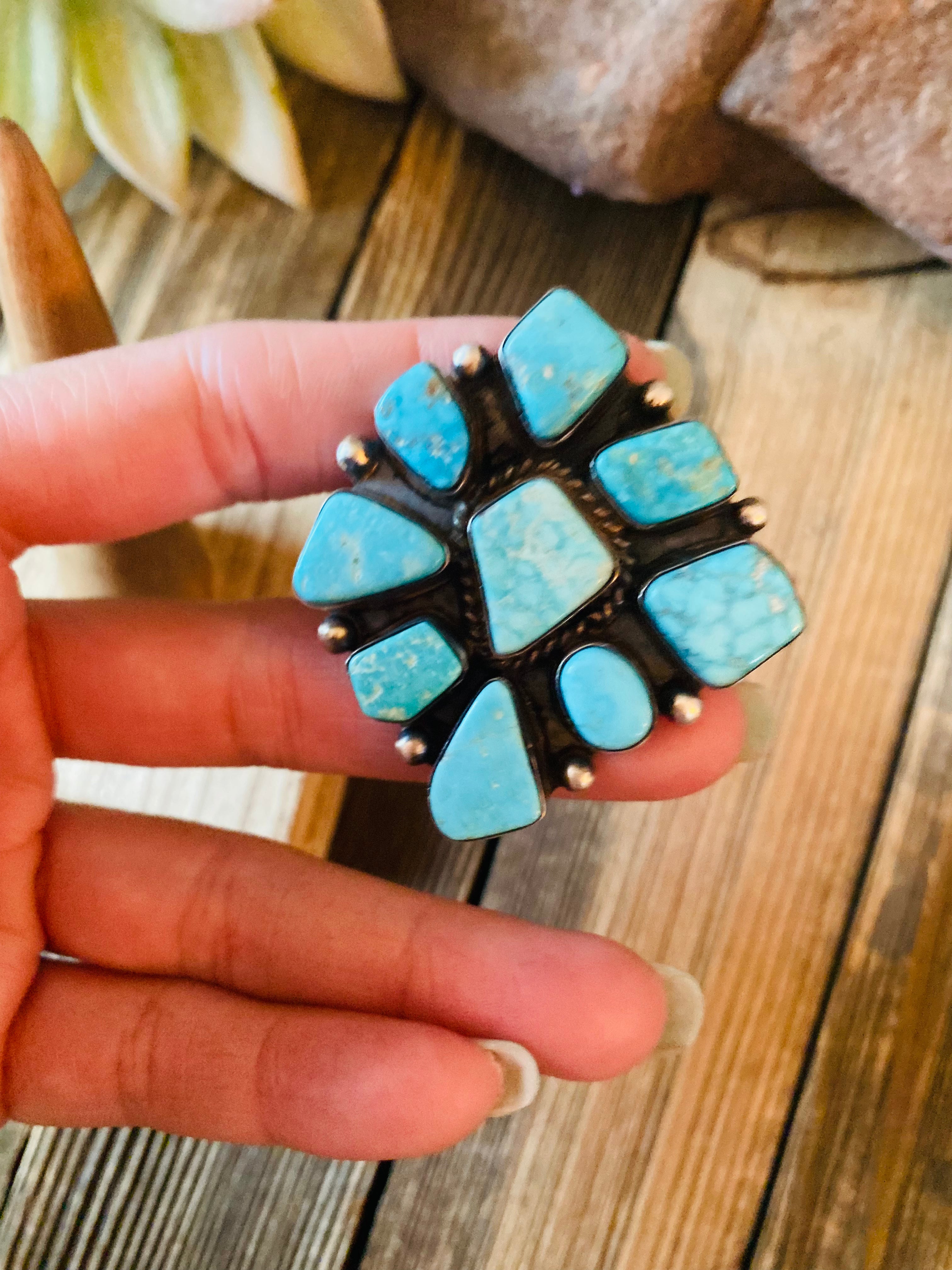 Navajo Kingman Turquoise & Sterling Silver Cluster Ring Size 9