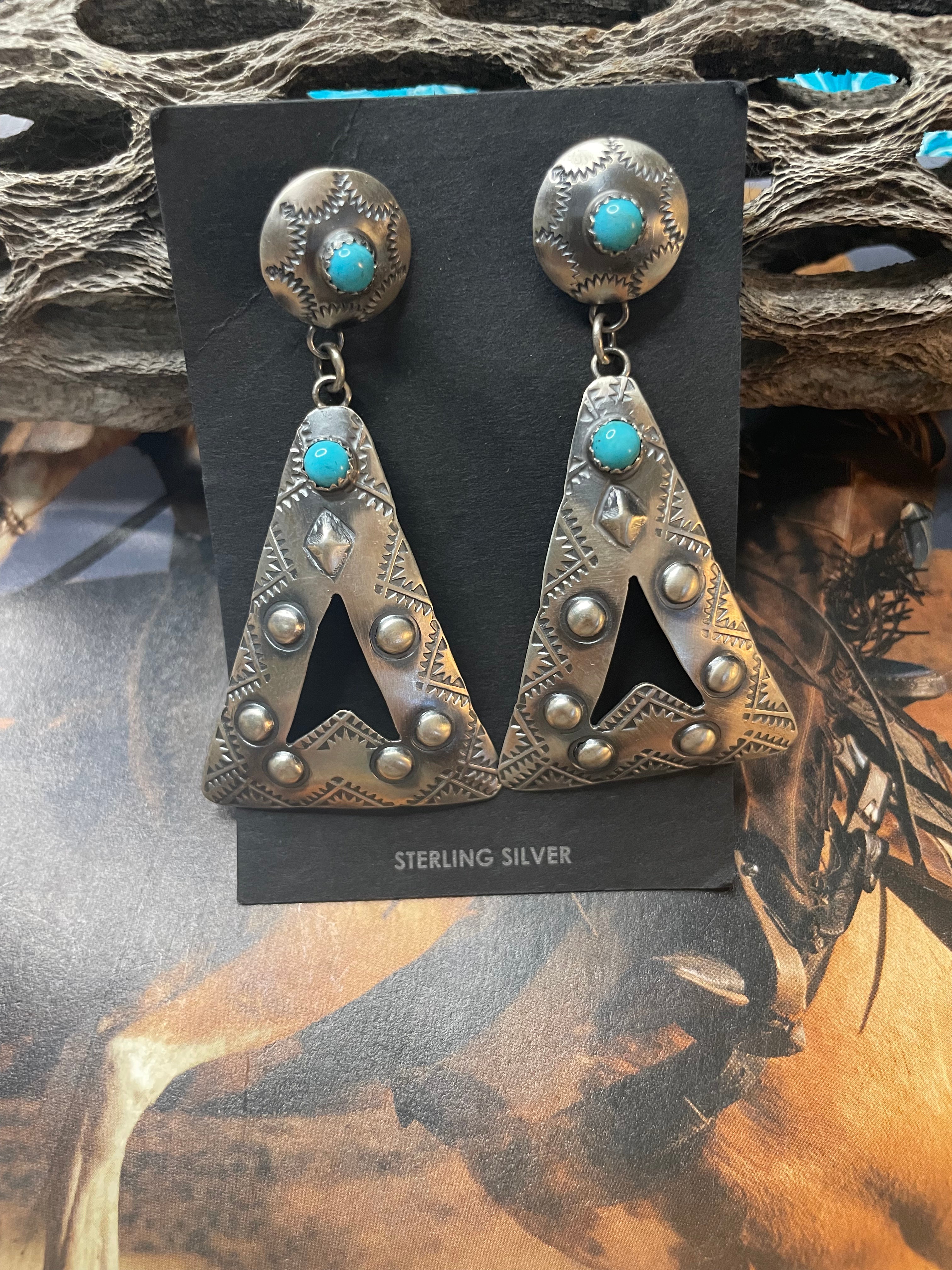 Navajo Sterling Silver & Turquoise Concho Dangle Earrings