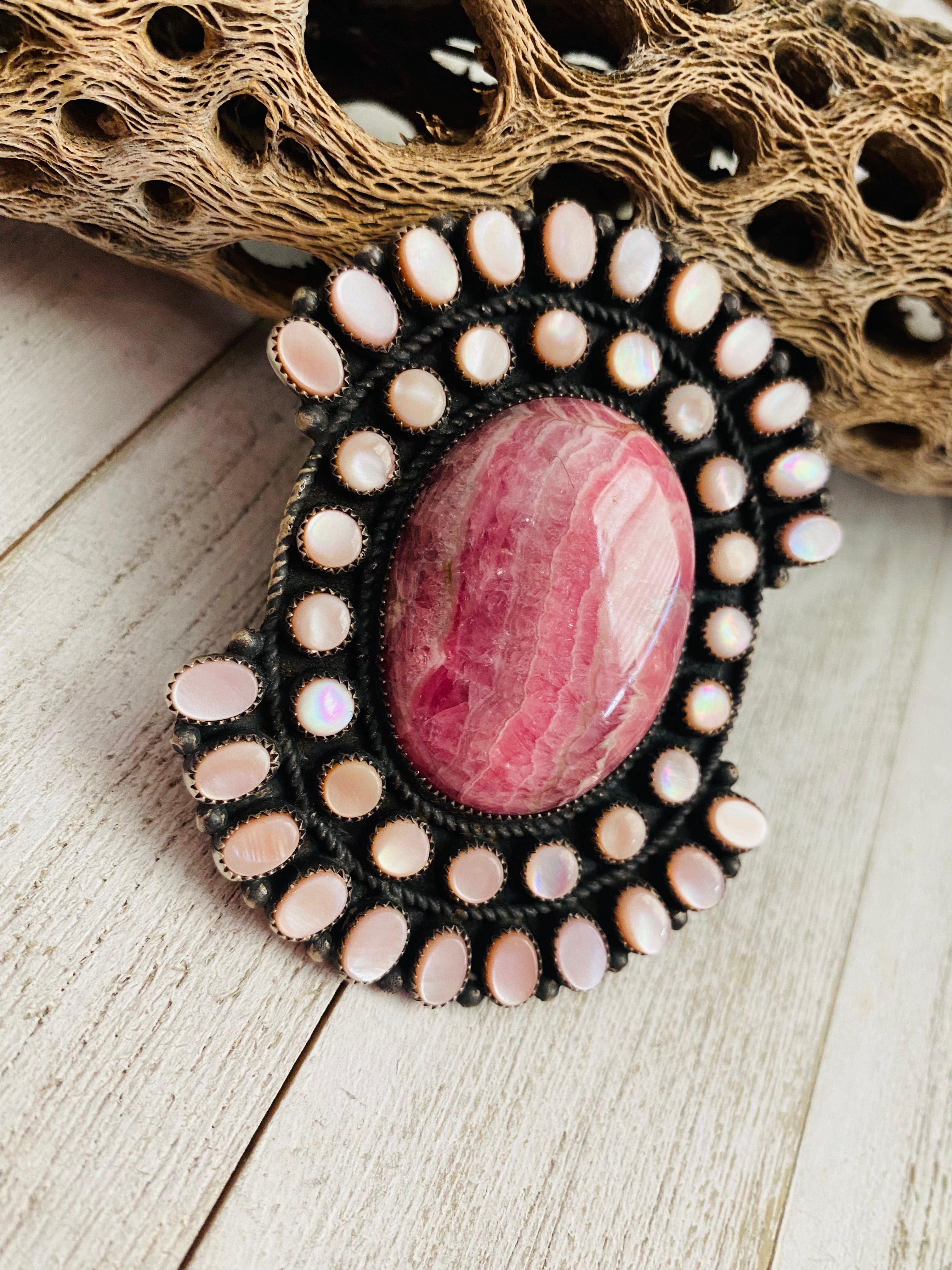 Navajo Sterling Silver, Mother of Pearl & Rhodochrosite Cluster Adjustable Ring