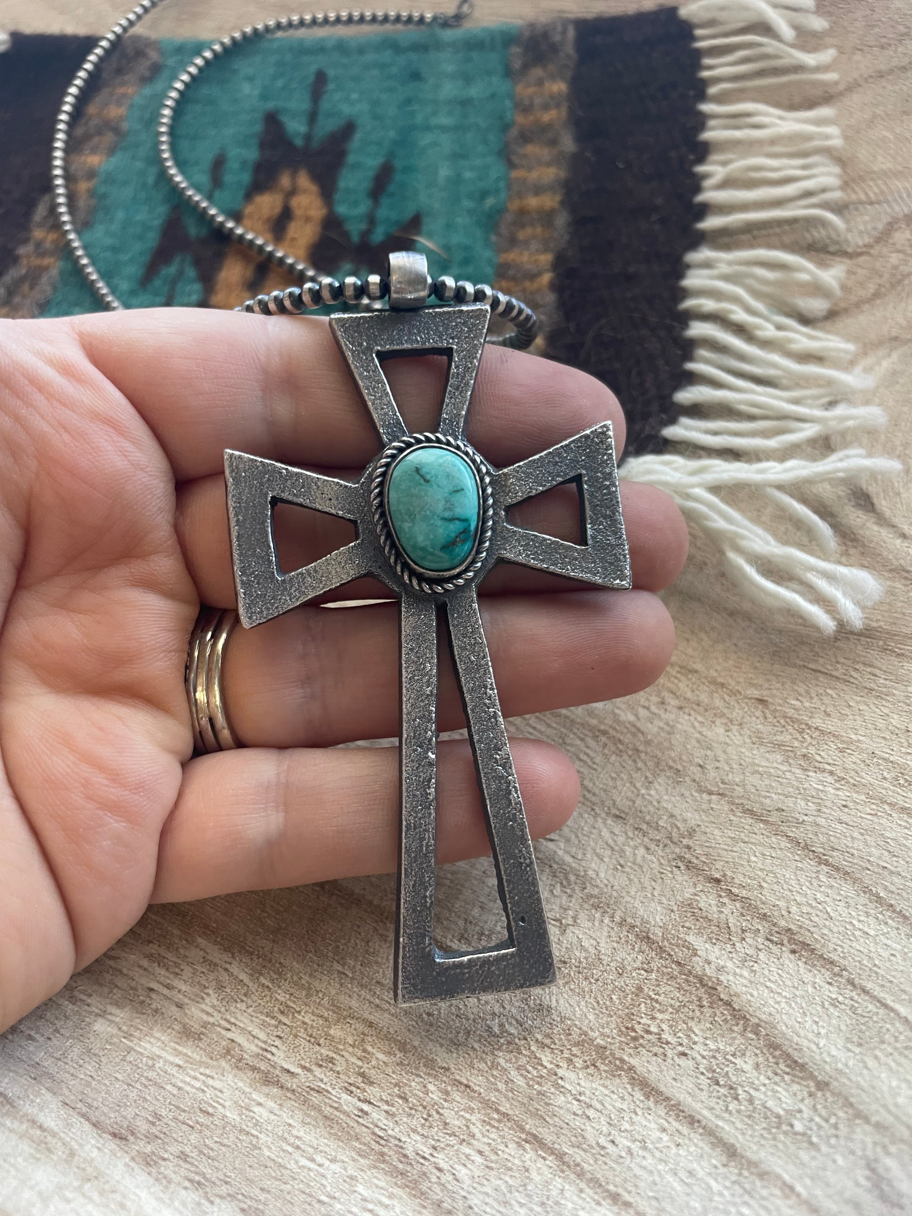 Navajo Sterling Silver & Turquoise Cross Pendant Signed Eugene Mitchell