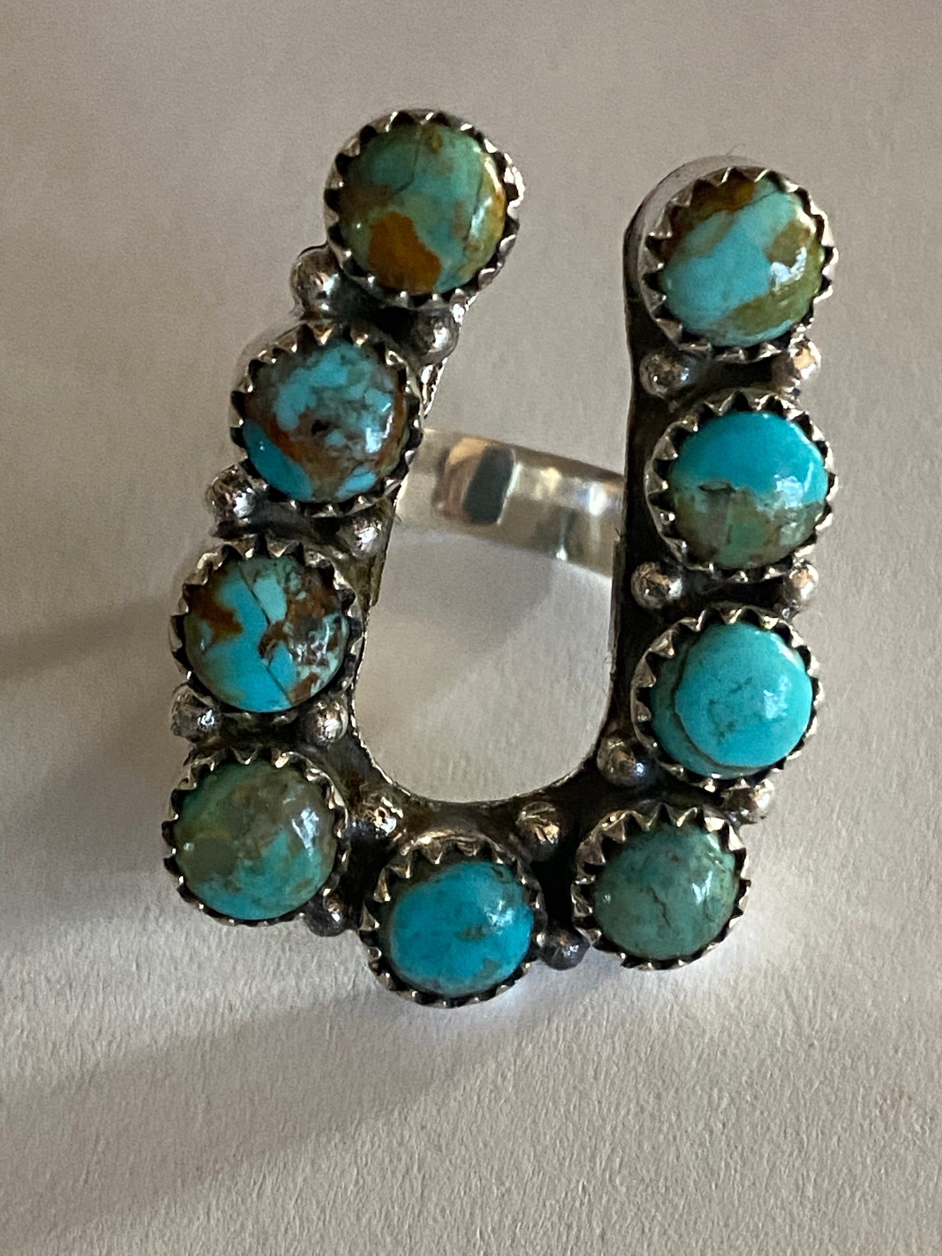 Handmade Horseshoe Sterling Silver & Natural Royston Turquoise Cluster Ring