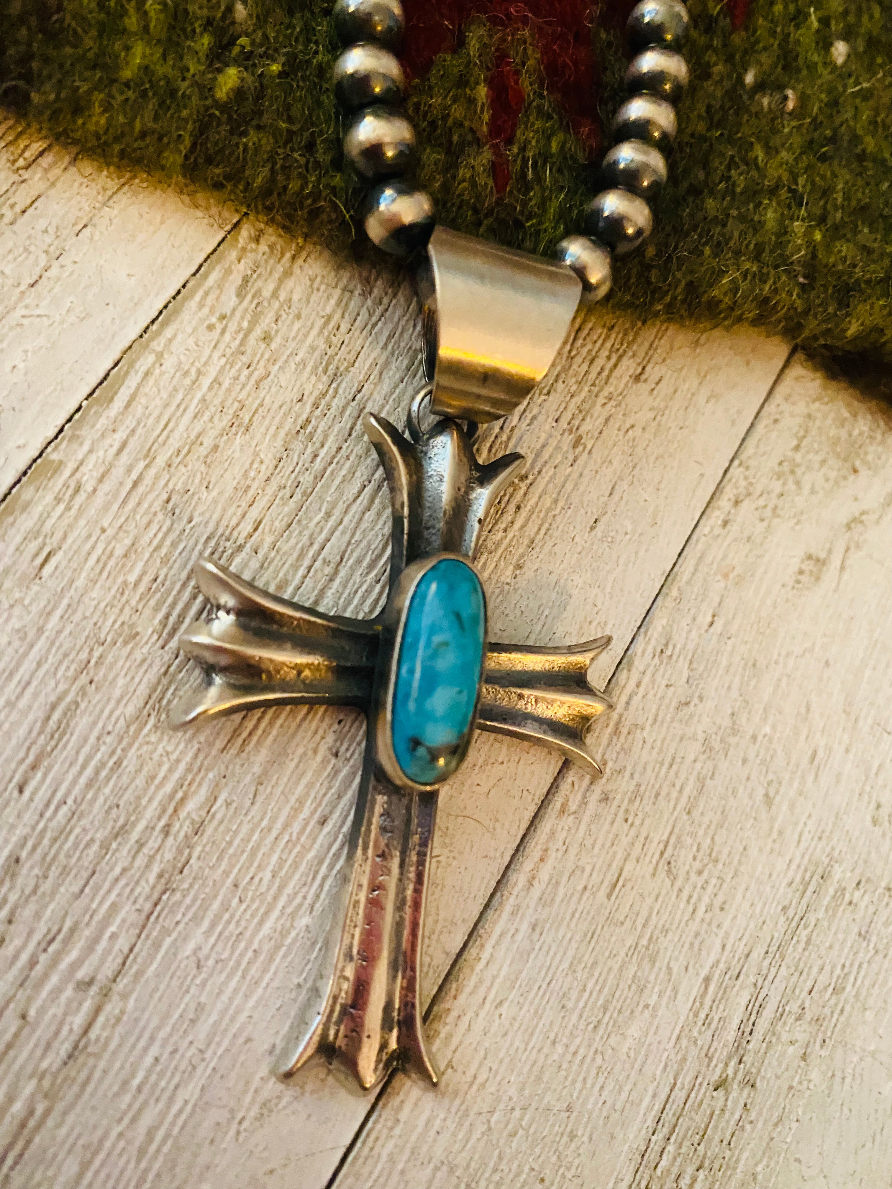 Navajo Sterling Silver & Turquoise Cross Pendant By Chimney Butte