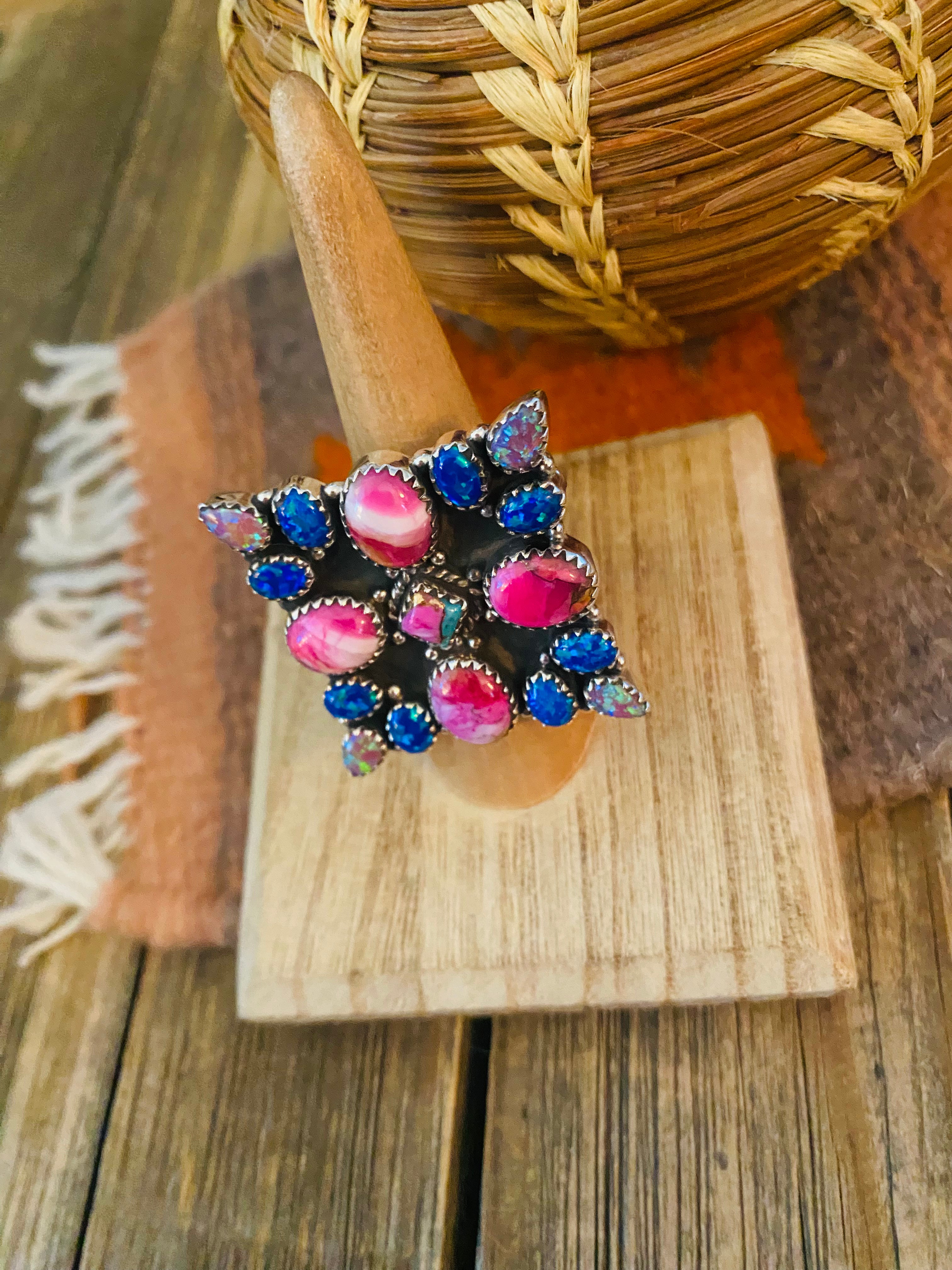 Handmade Sterling Silver, Pink Dream & Opal Cluster Adjustable Ring