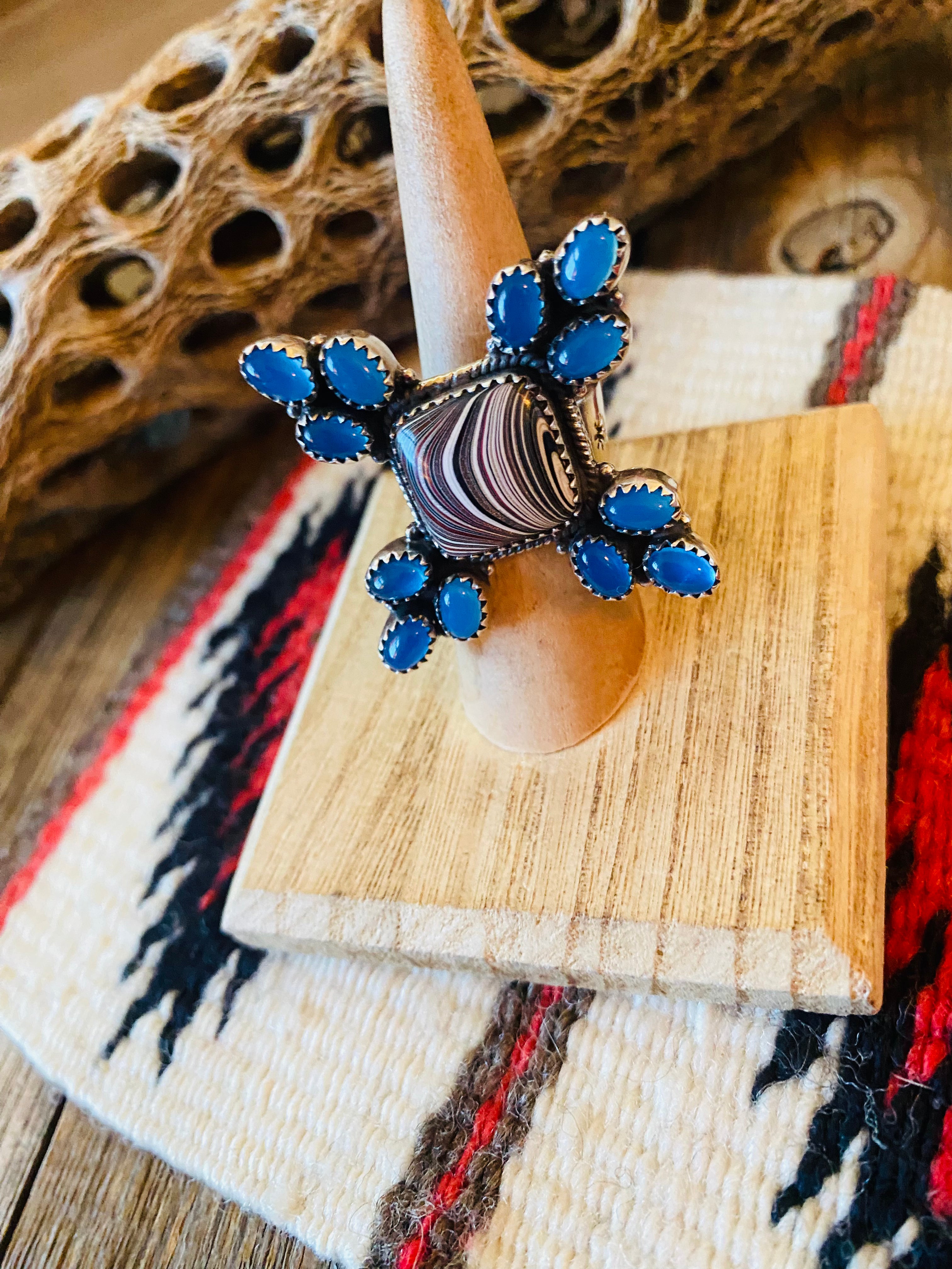 Handmade Sterling Silver, Fordite & Blue Chalcedony Cluster Adjustable Ring