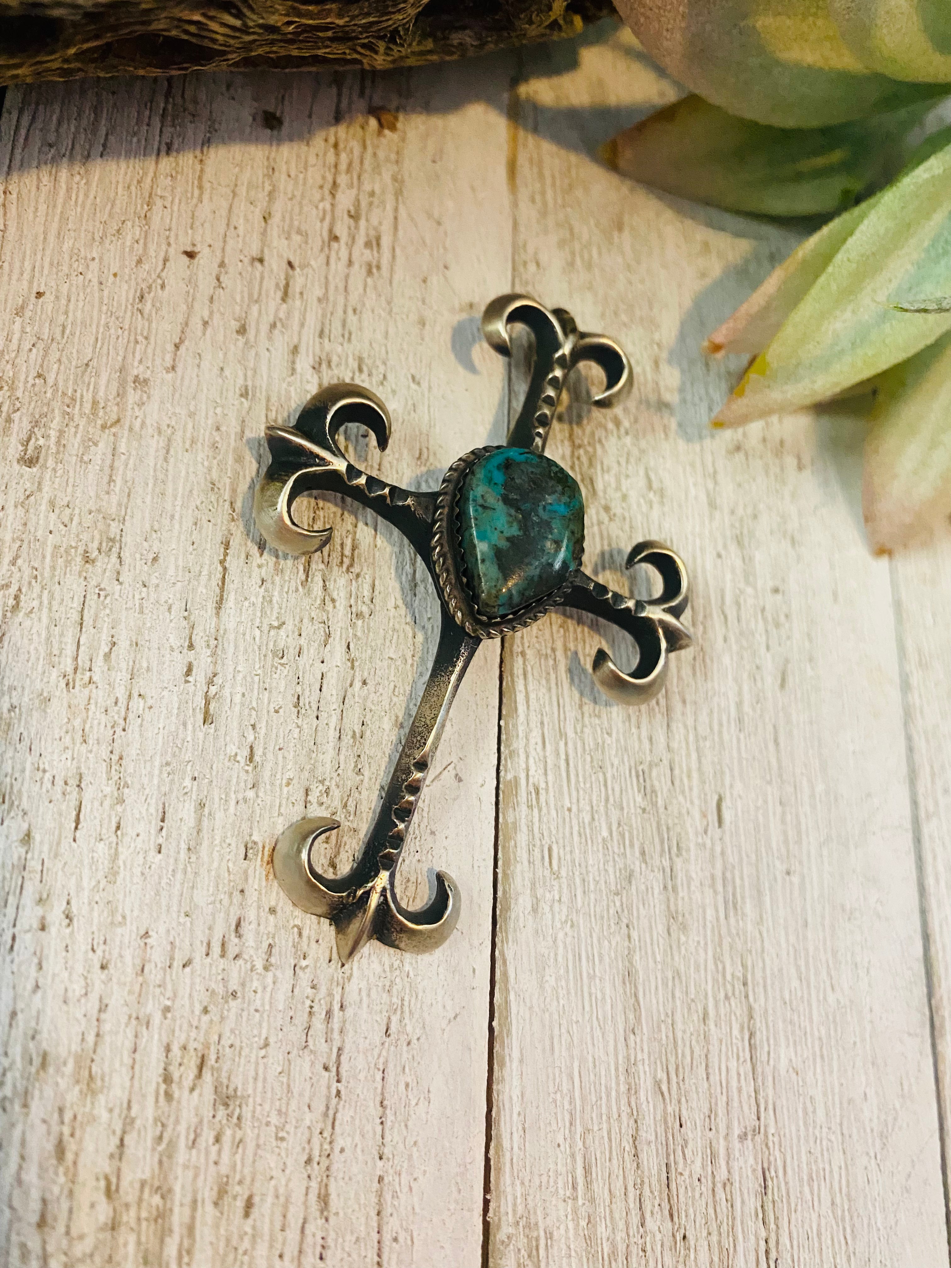 Navajo Sterling Silver & Royston Turquoise Cross Pendant By Martha Cayatineto