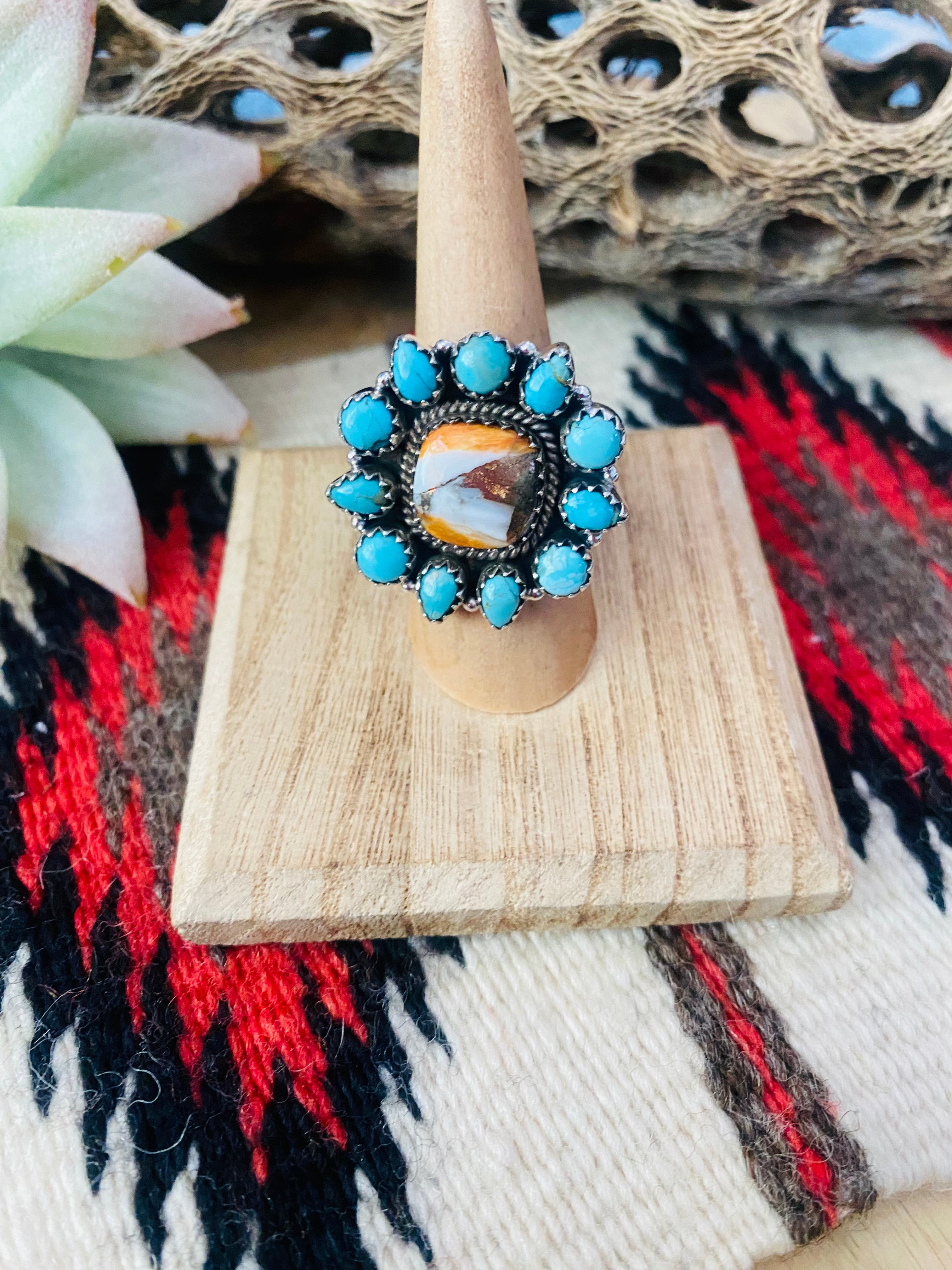 Handmade Sterling Silver, Spice & Turquoise Cluster Adjustable Ring