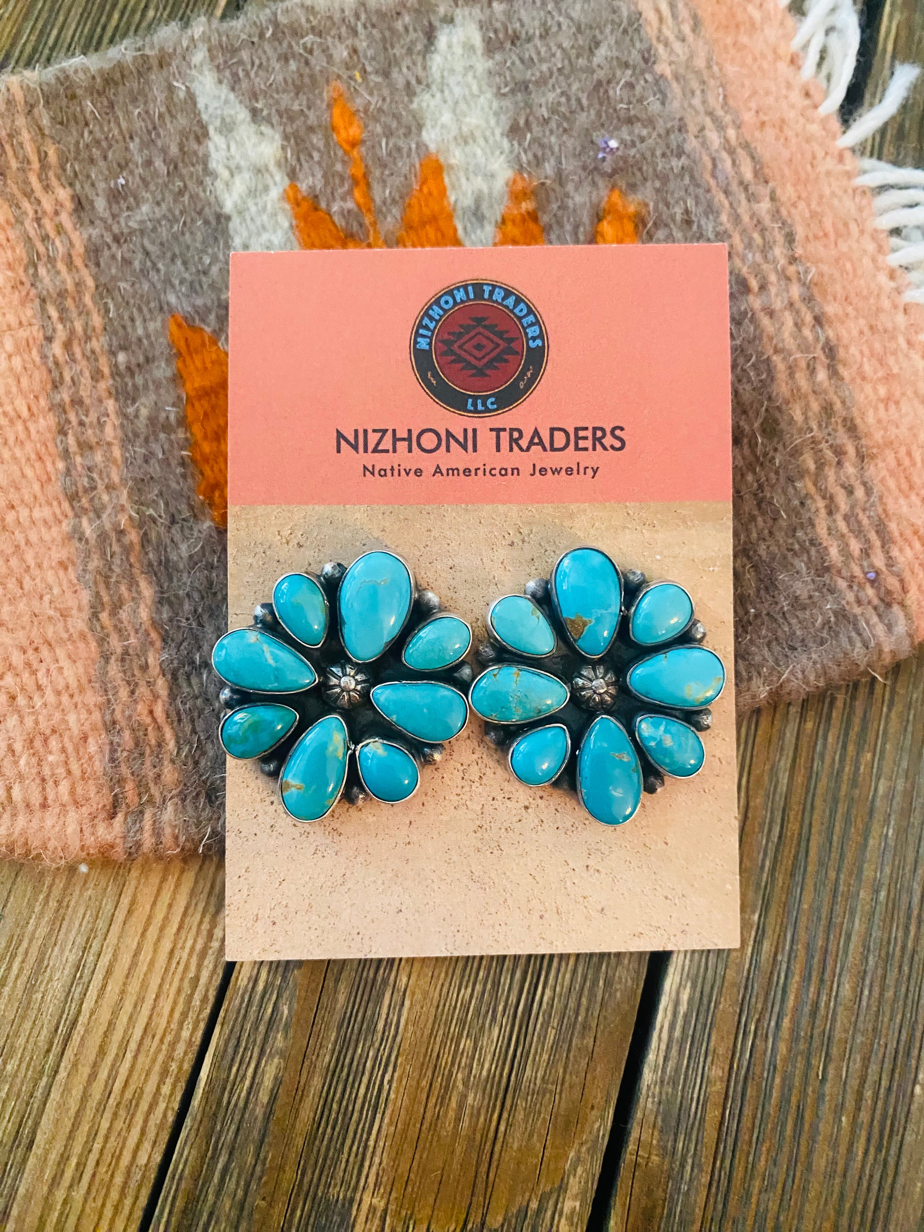 Navajo Sterling Silver & Natural Turquoise Cluster Post Earrings