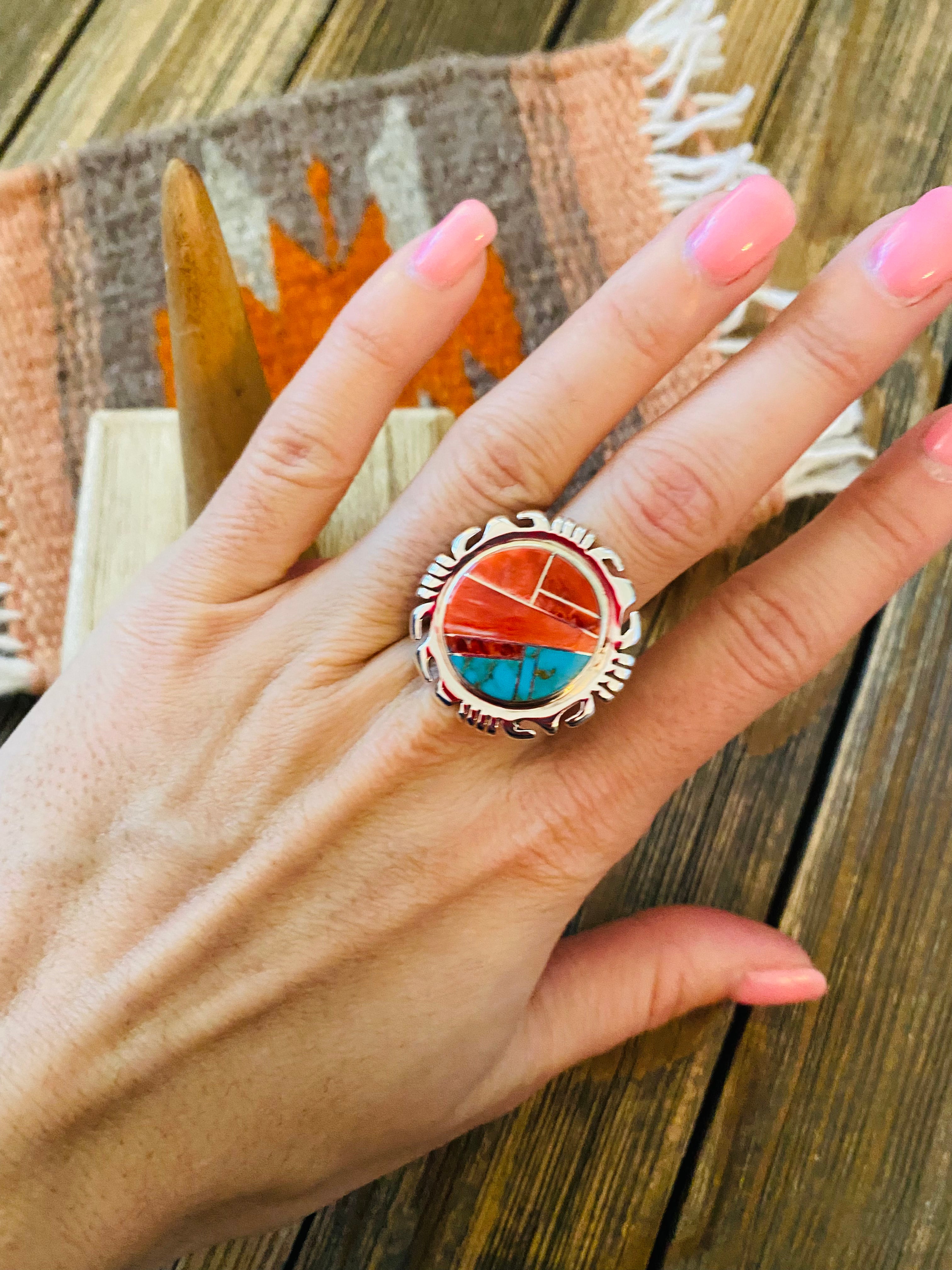 Navajo Sterling Silver, Orange Spiny & Turquoise Inlay Ring Size 6.5