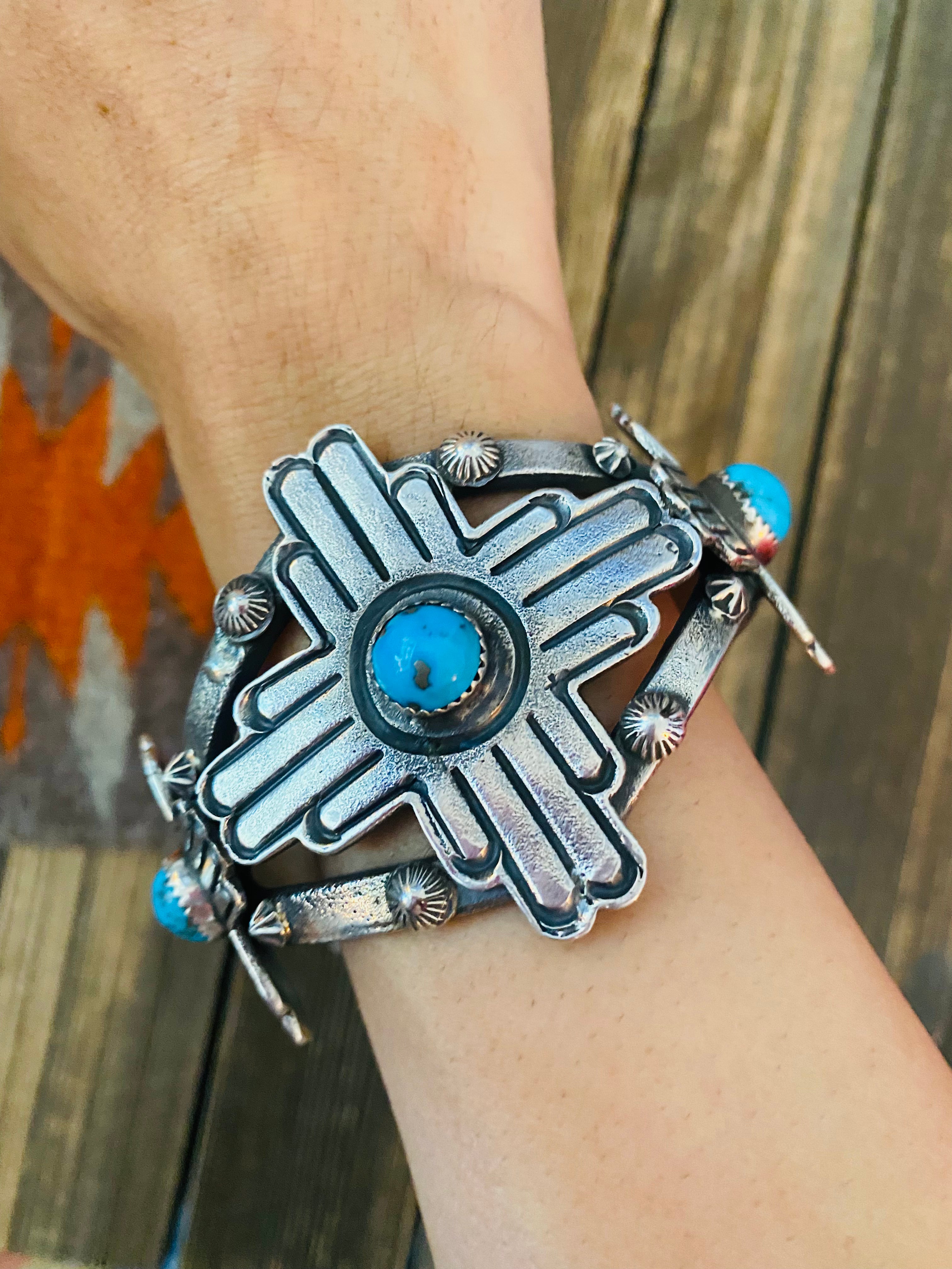 Navajo Sterling Silver & Kingman Turquoise Cross Cuff Bracelet By Kevin Billah