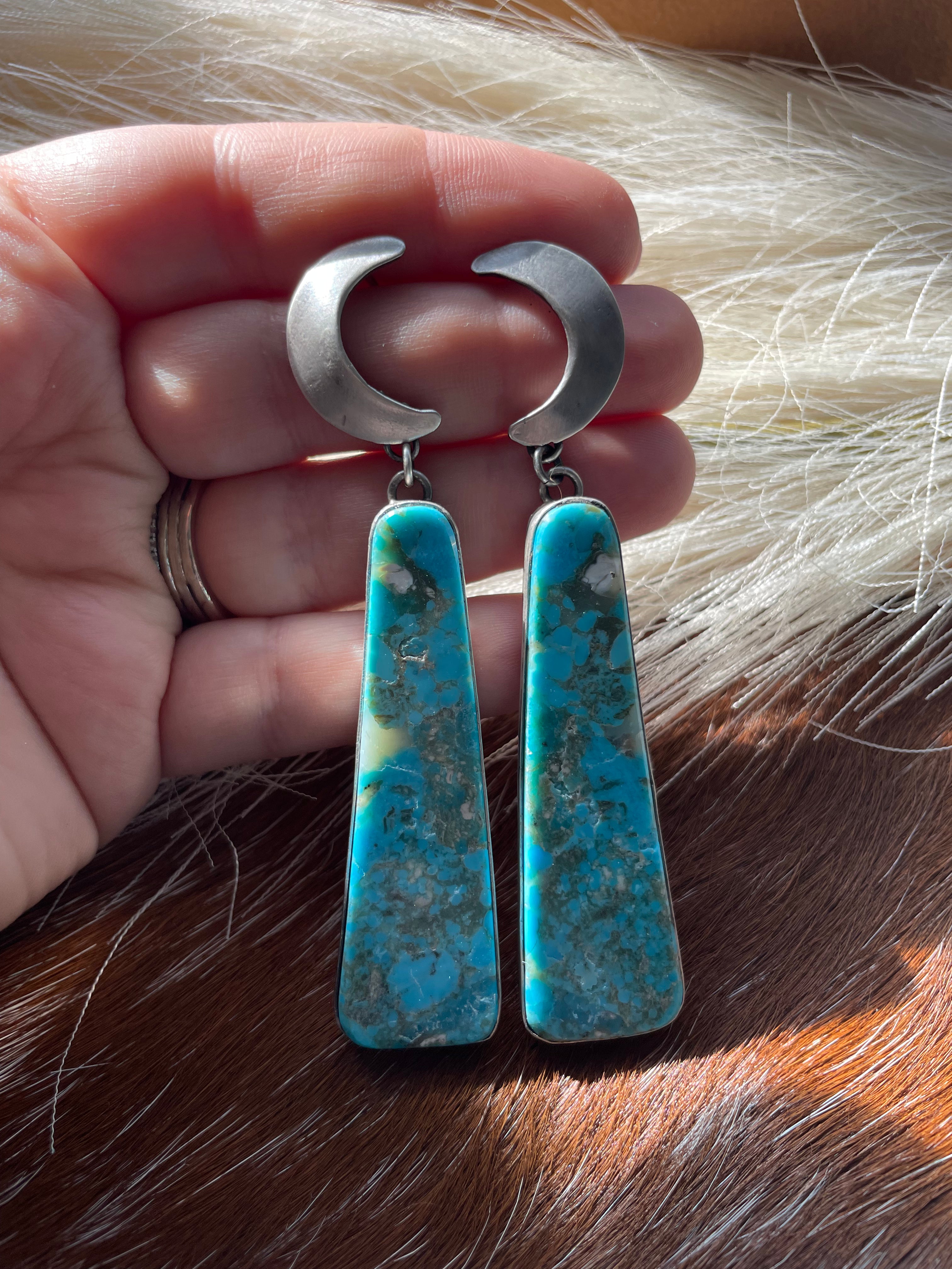 Navajo Turquoise & Sterling Silver Moon Slab Dangles Signed P Yazzie