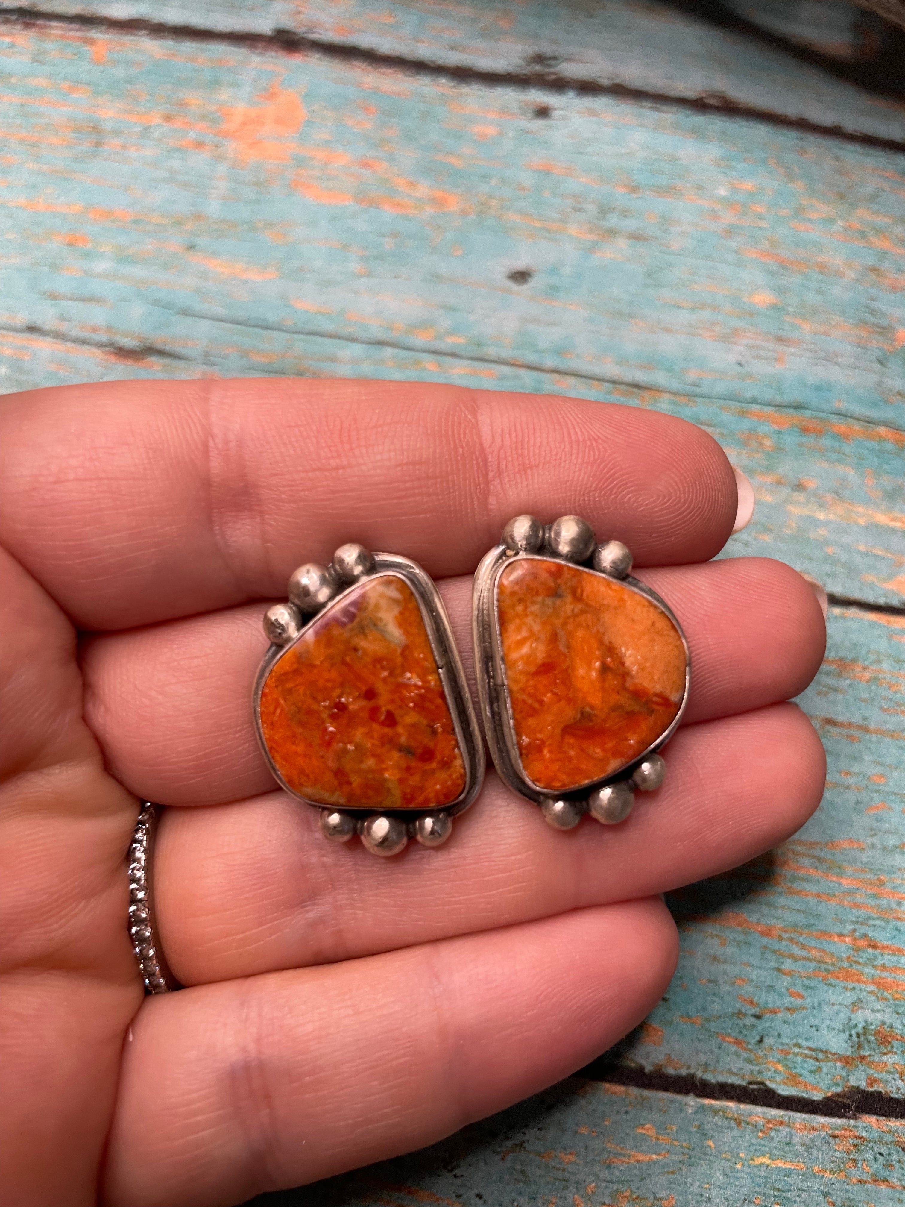 Navajo Apple Coral And Sterling Silver Post Earrings Signed