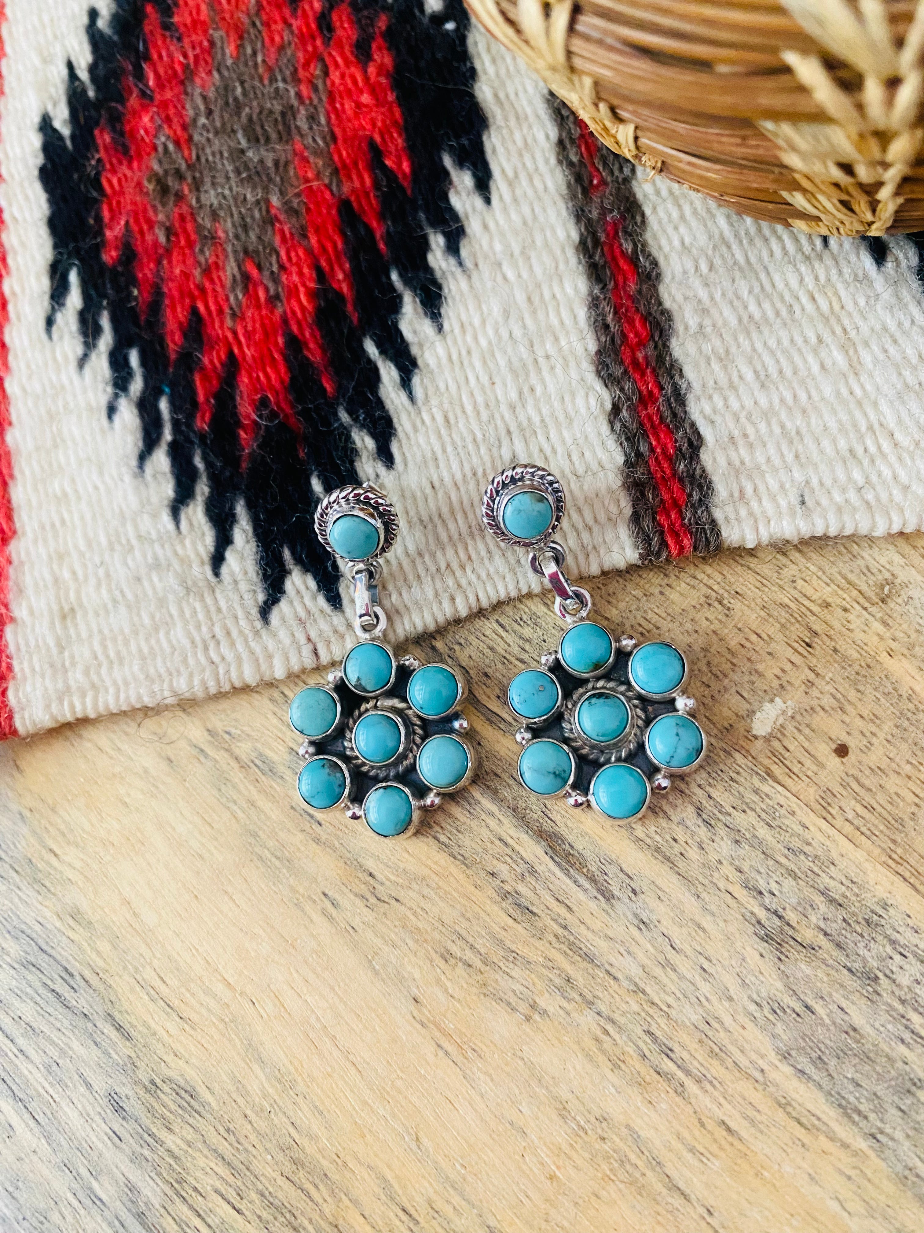 Handmade Turquoise And Sterling Silver Cluster Dangle Earrings