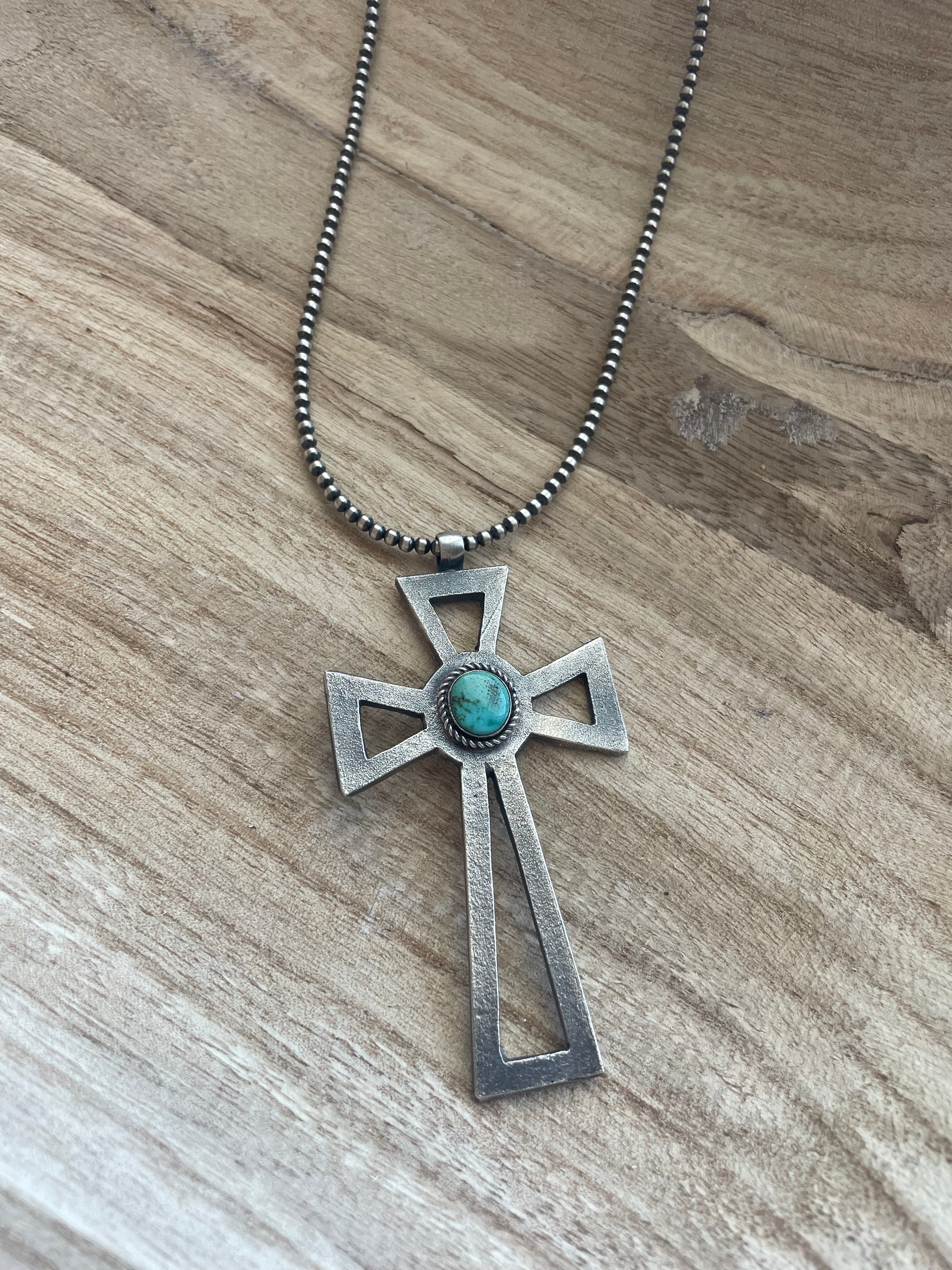 Navajo Sterling Silver & Turquoise Cross Pendant Signed Eugene Mitchell