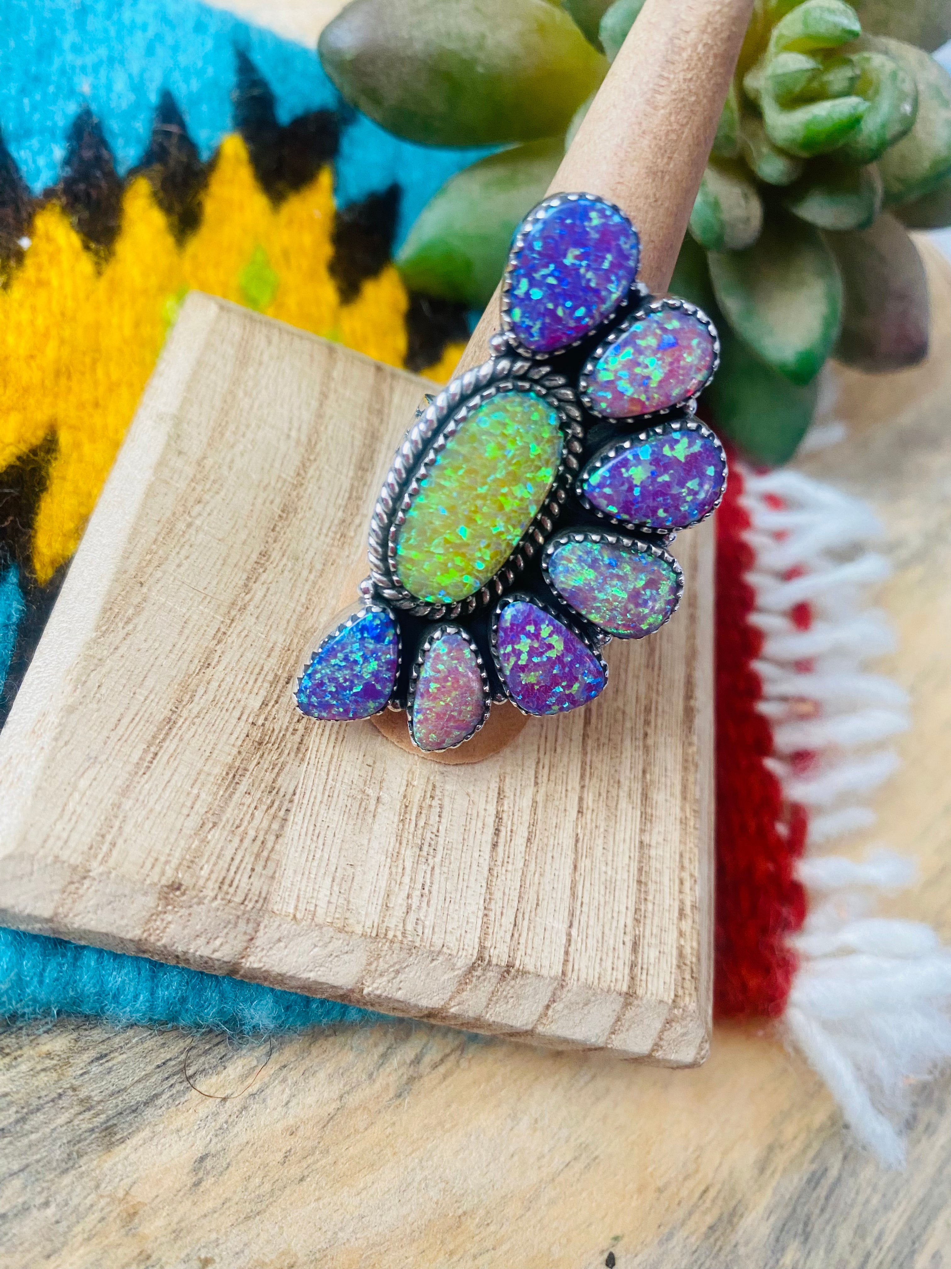 Handmade Sterling Silver & Opal Cluster Adjustable Ring