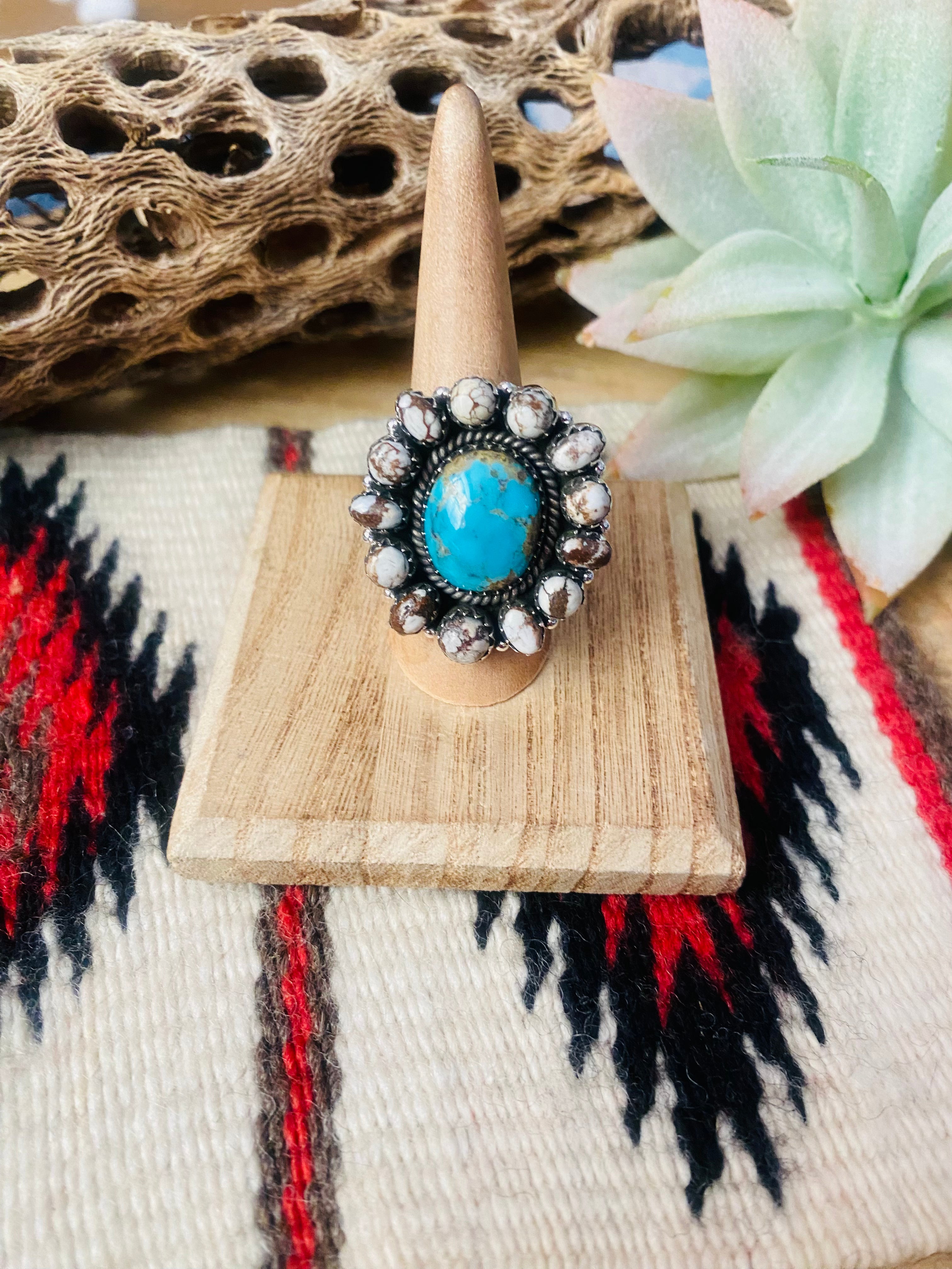 Handmade Sterling Silver, Wild Horse & Turquoise Cluster Adjustable Ring