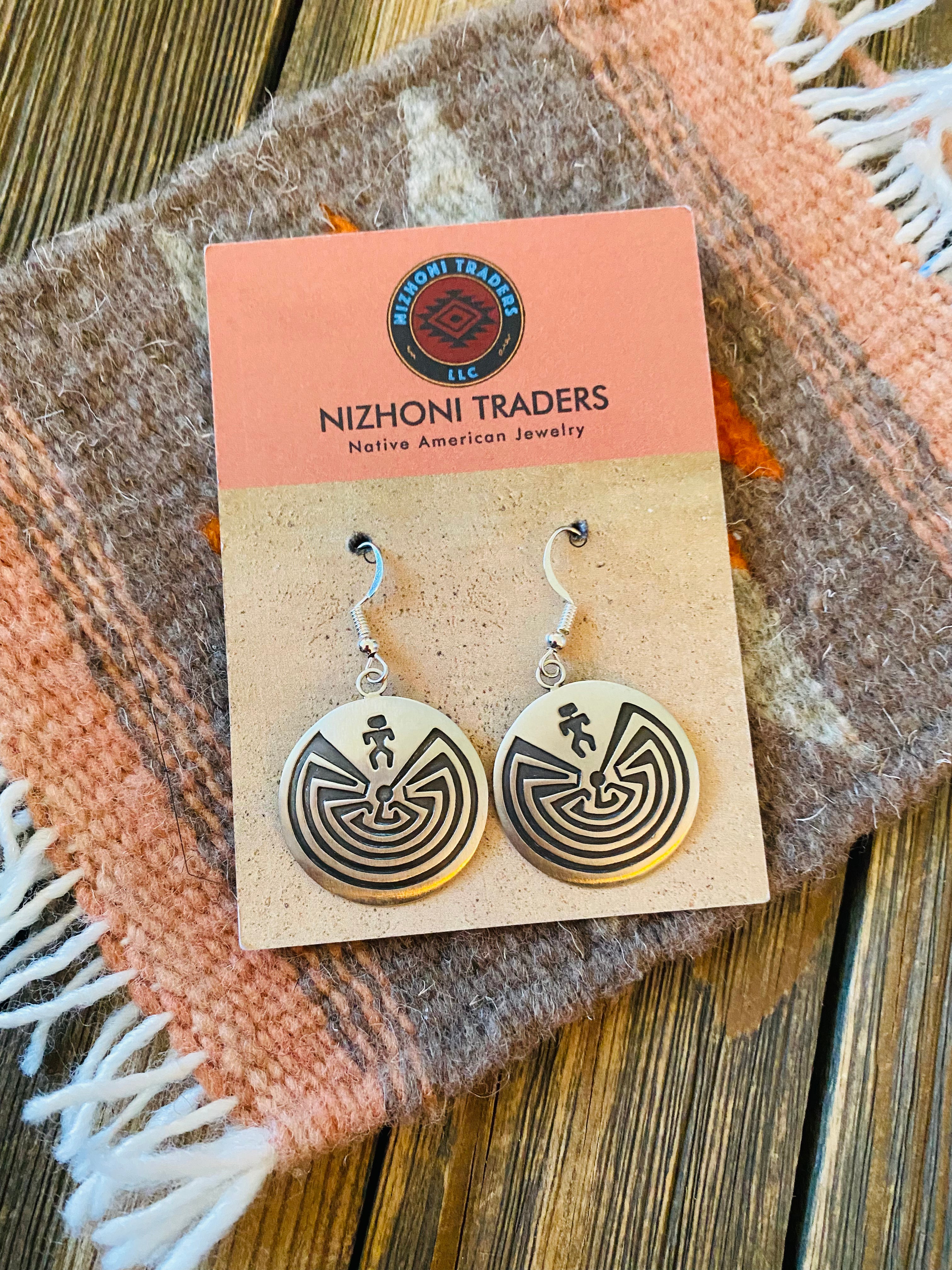 Navajo Hand Stamped Sterling Silver Man in the Maze Dangle Earrings