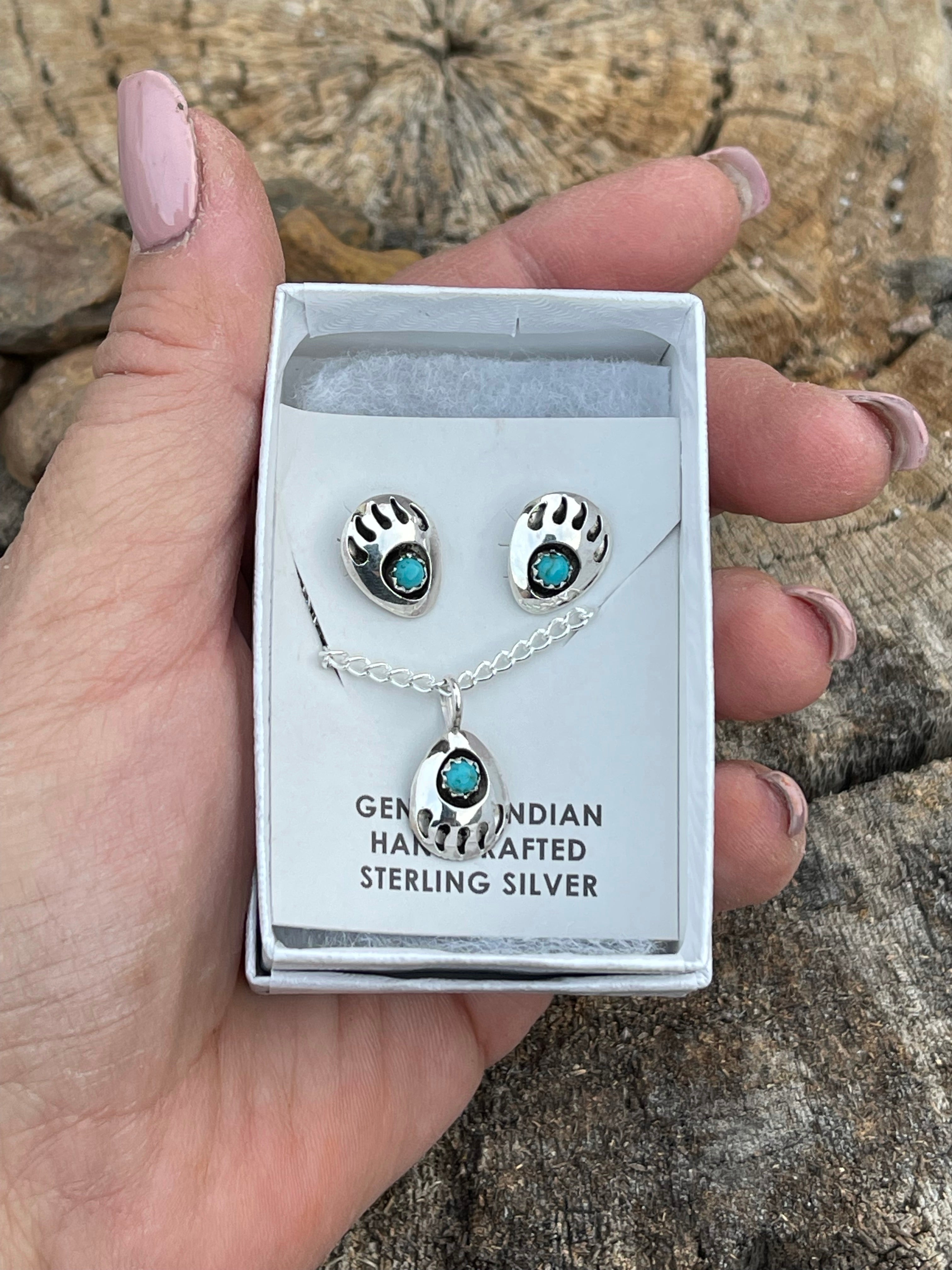 Navajo Sterling Silver Turquoise Bear Paw Set