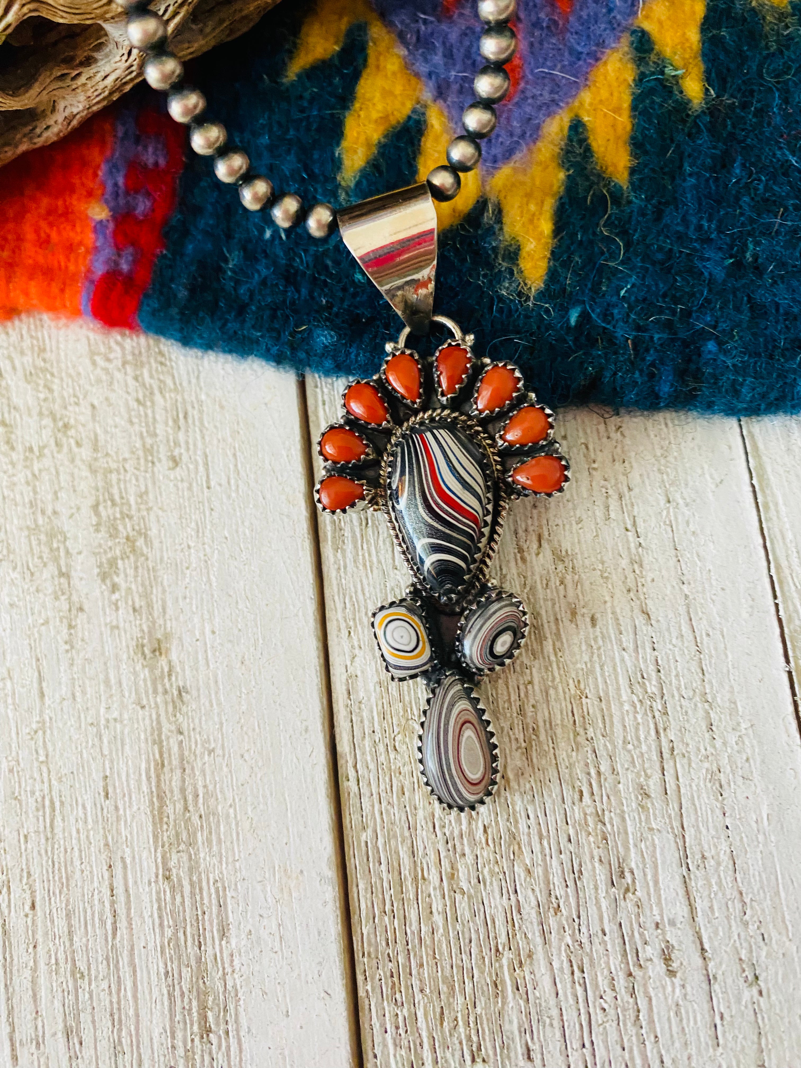 Handmade Sterling Silver, Fordite & Coral Cluster Pendant