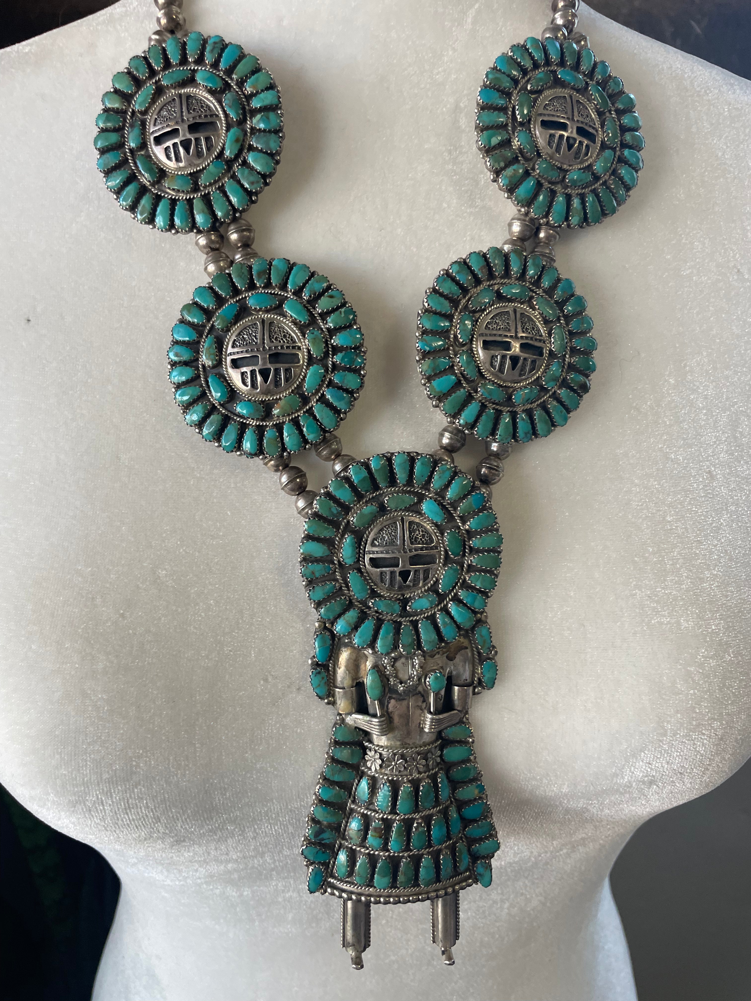 Vintage Navajo Sterling Silver And Turquoise Kachina Squash Blossom Necklace Earrings Set Signed