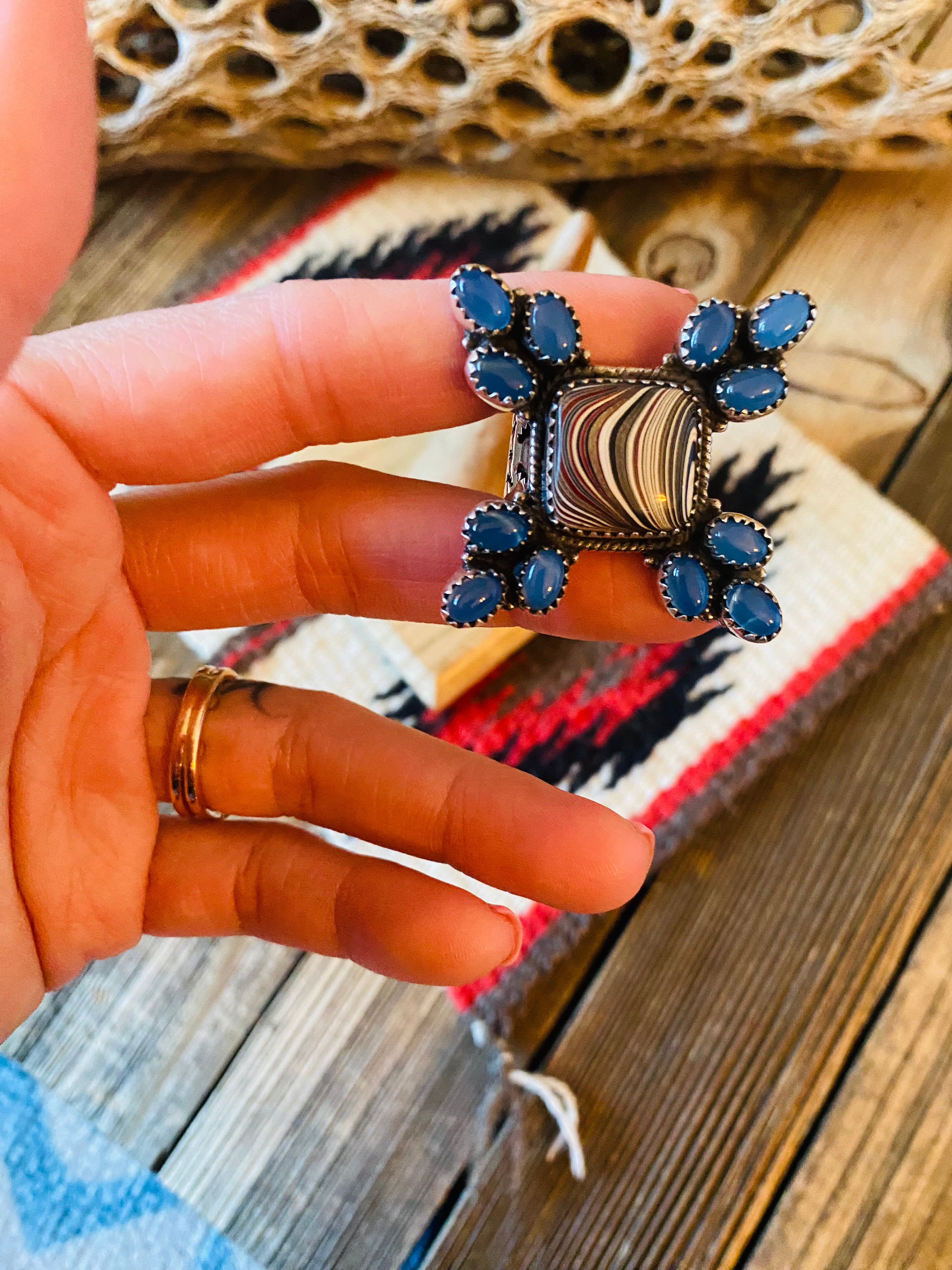 Handmade Sterling Silver, Fordite & Blue Chalcedony Cluster Adjustable Ring