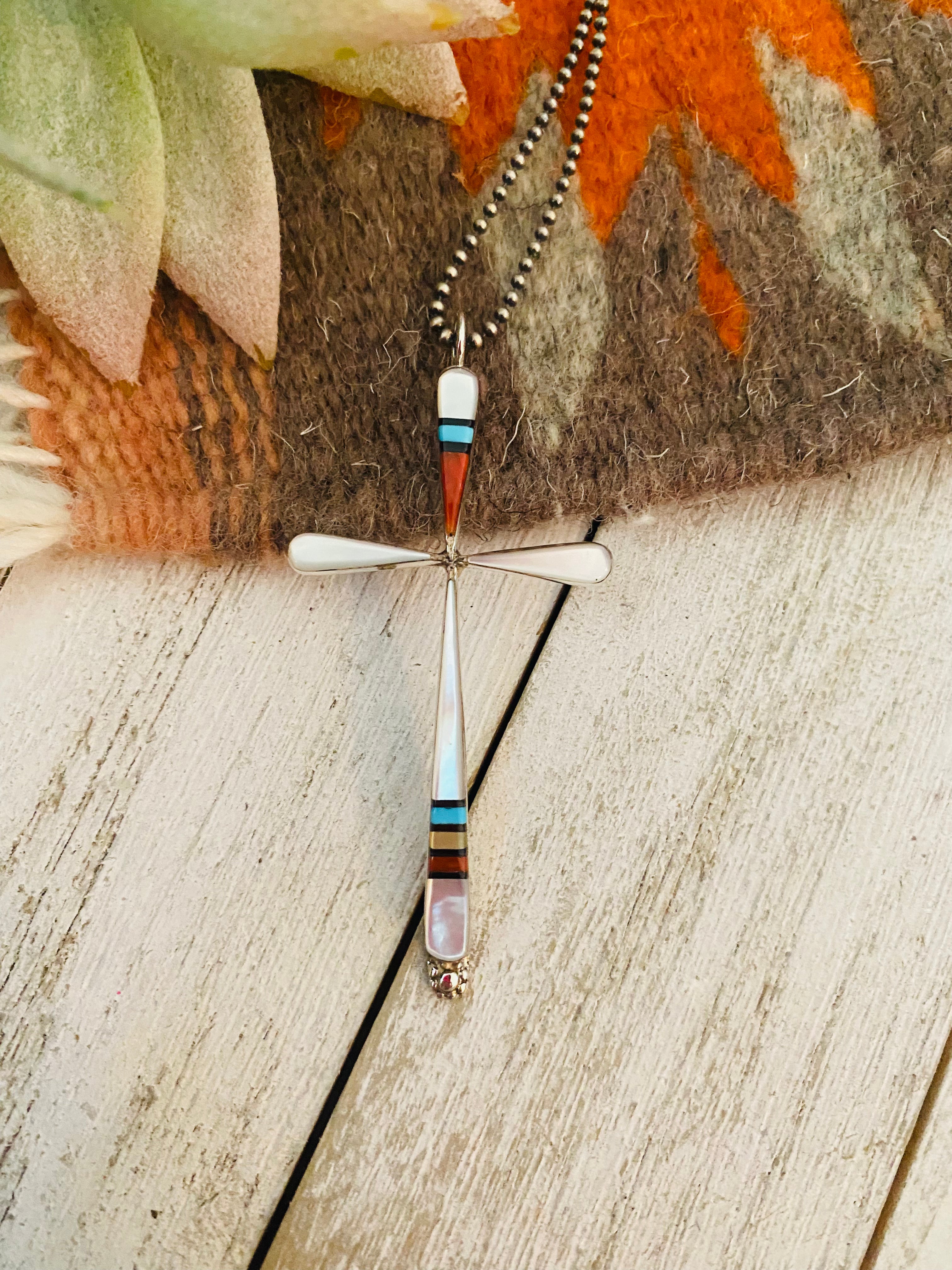 Zuni Multi Stone & Sterling Silver Inlay Cross Pendant