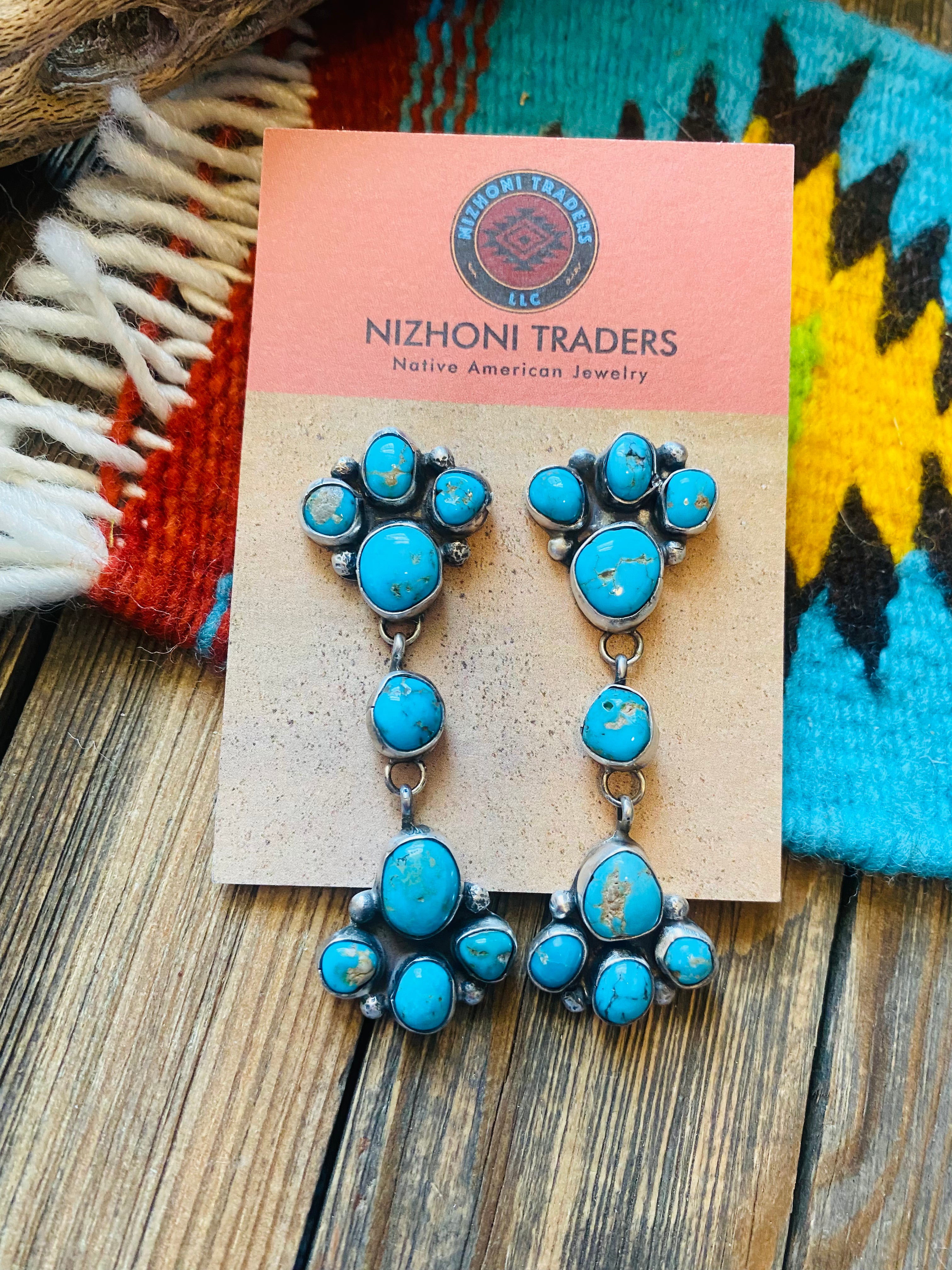 Navajo Sterling Silver & Kingman Turquoise Cluster Earrings