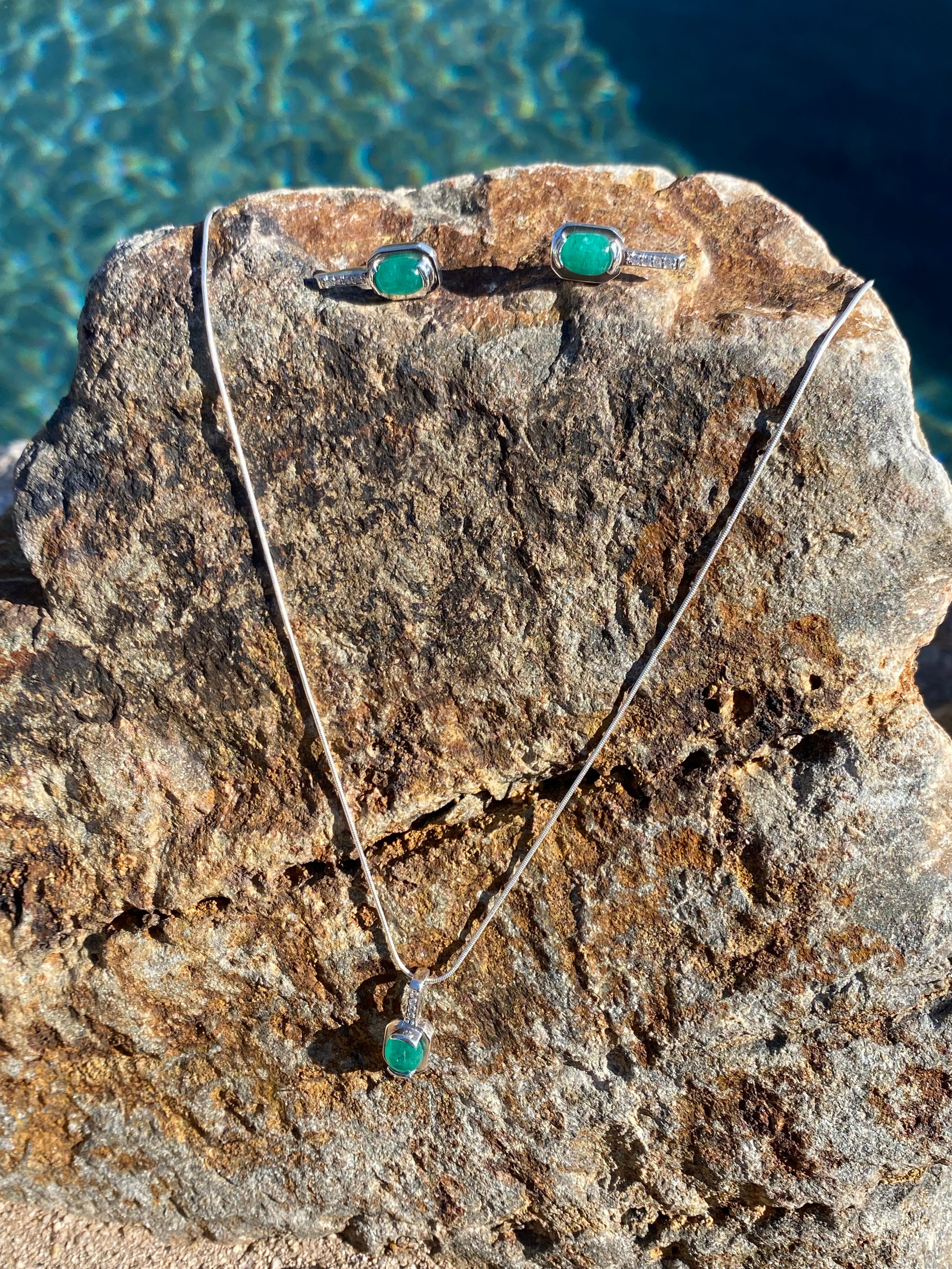 Colombian Emerald Necklace & Earrings Set in Sterling Silver dangles 1ct set 5