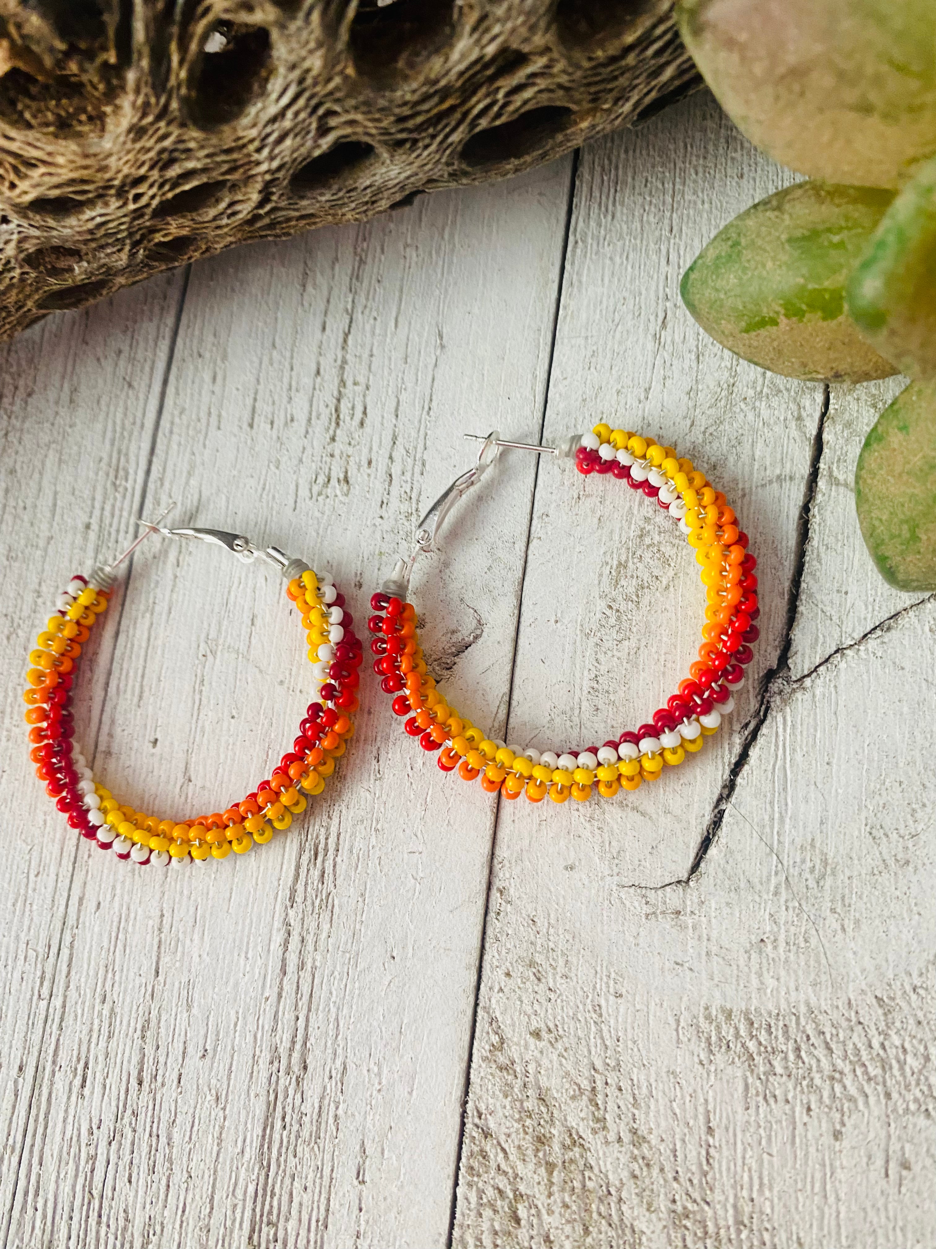 Navajo Handmade Beaded Hoop Earrings- red, yellow, orange