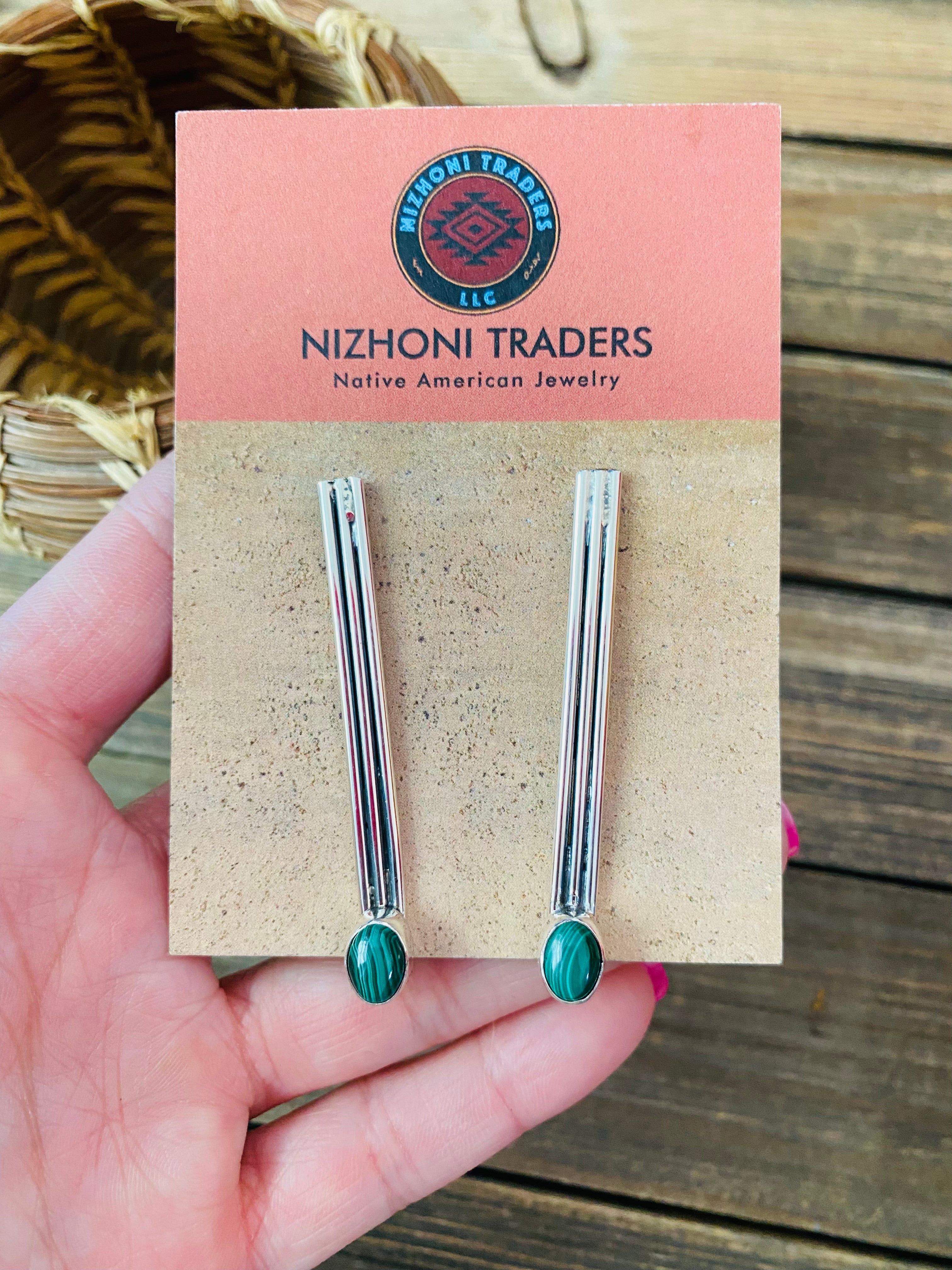 Navajo Malachite & Sterling Silver Dangle Earrings