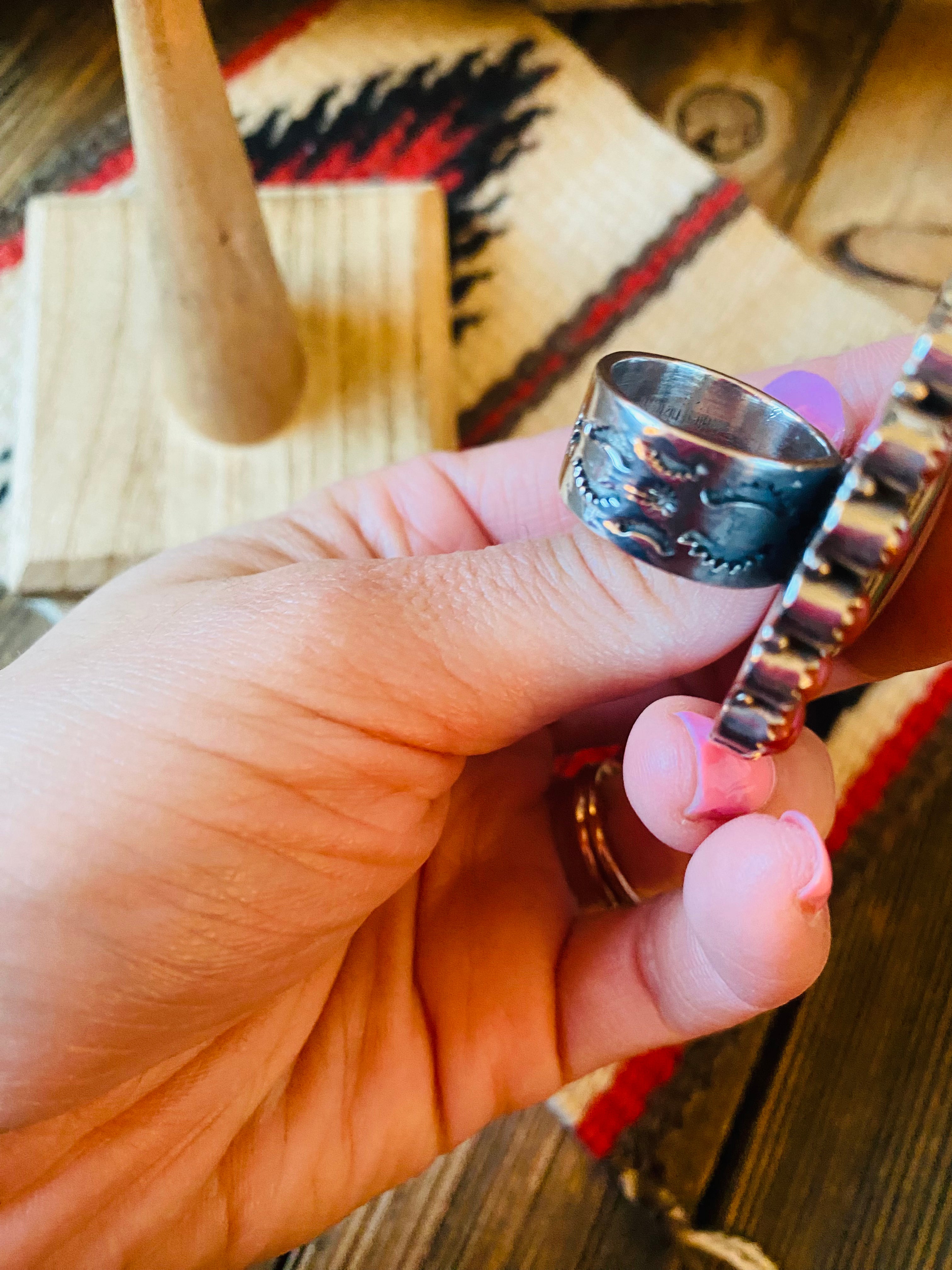 Handmade Sterling Silver, Fordite & Coral Cluster Adjustable Ring