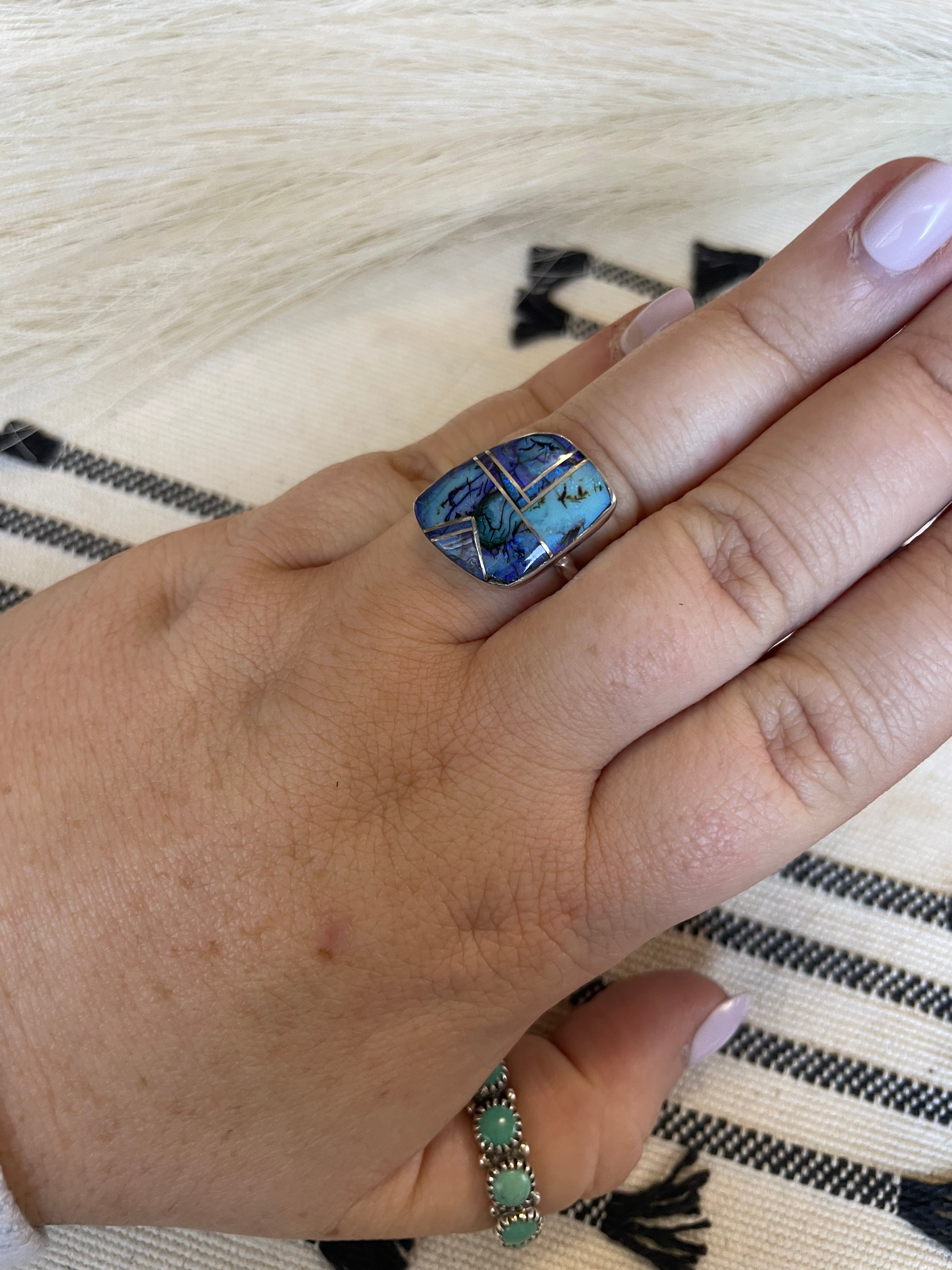 Navajo Sterling Silver & Blue Opal Inlay Ring Size 7