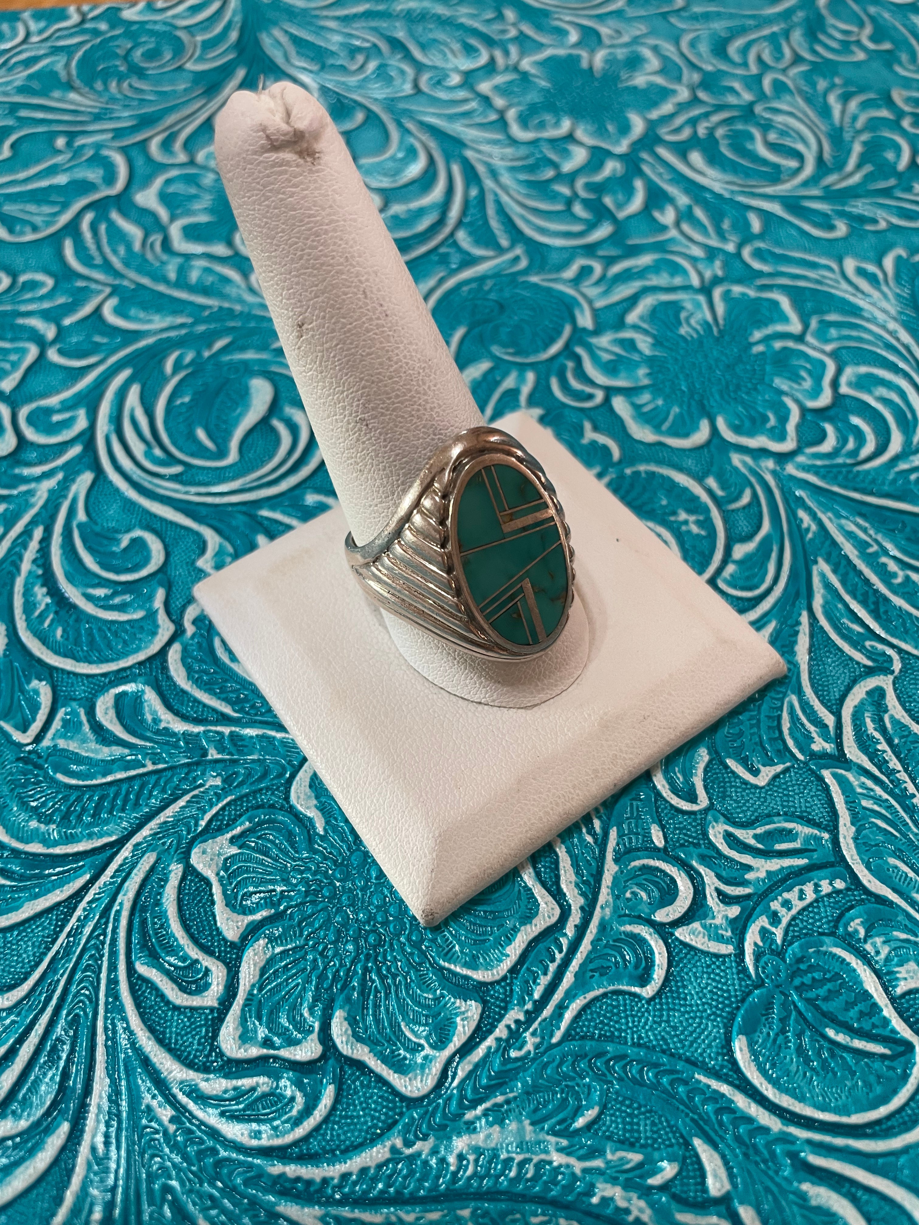 Old Pawn Navajo Sterling Silver & Turquoise Inlay Ring Size 11