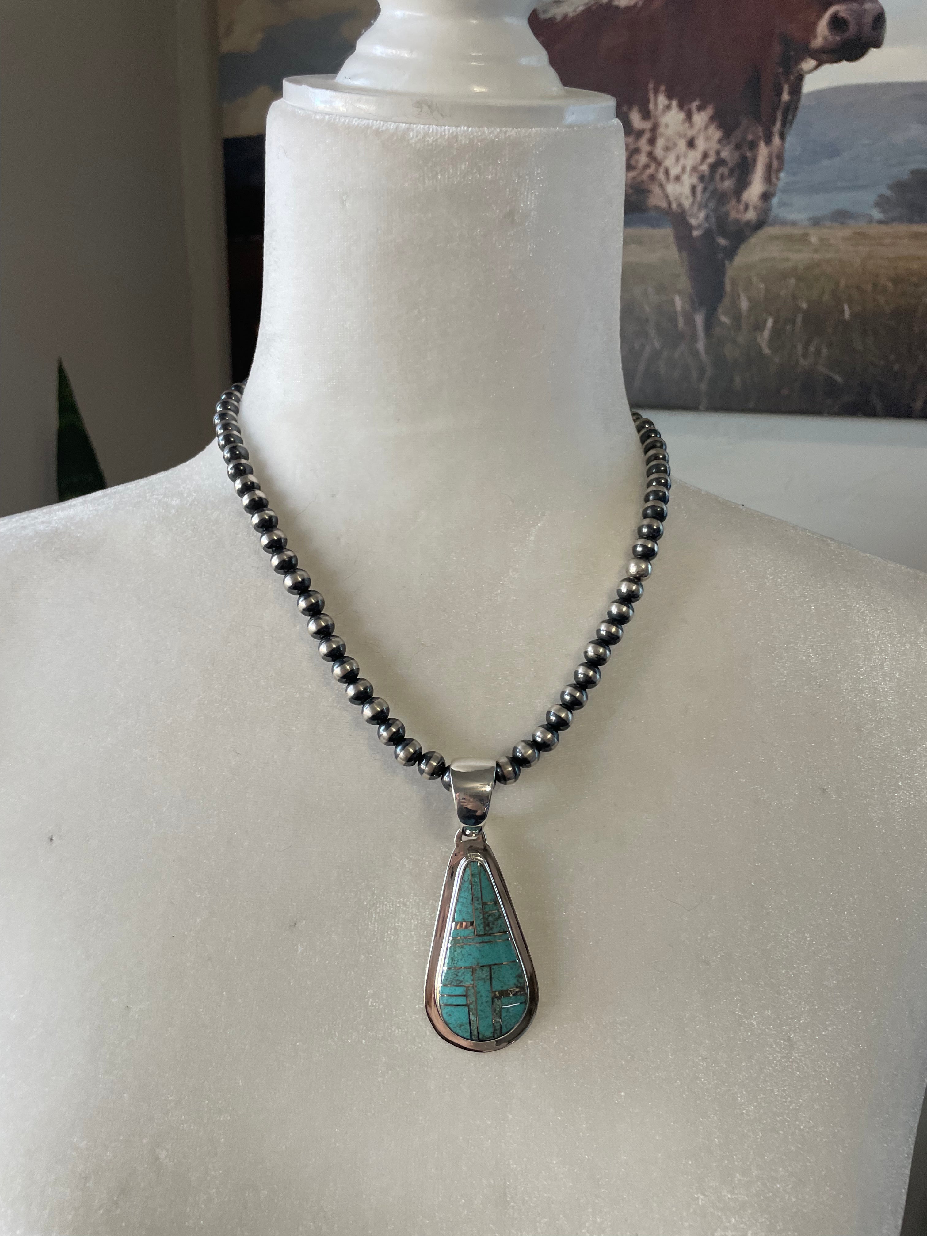 Navajo Number 8 Turquoise Inlay & Sterling Silver Pendant Signed