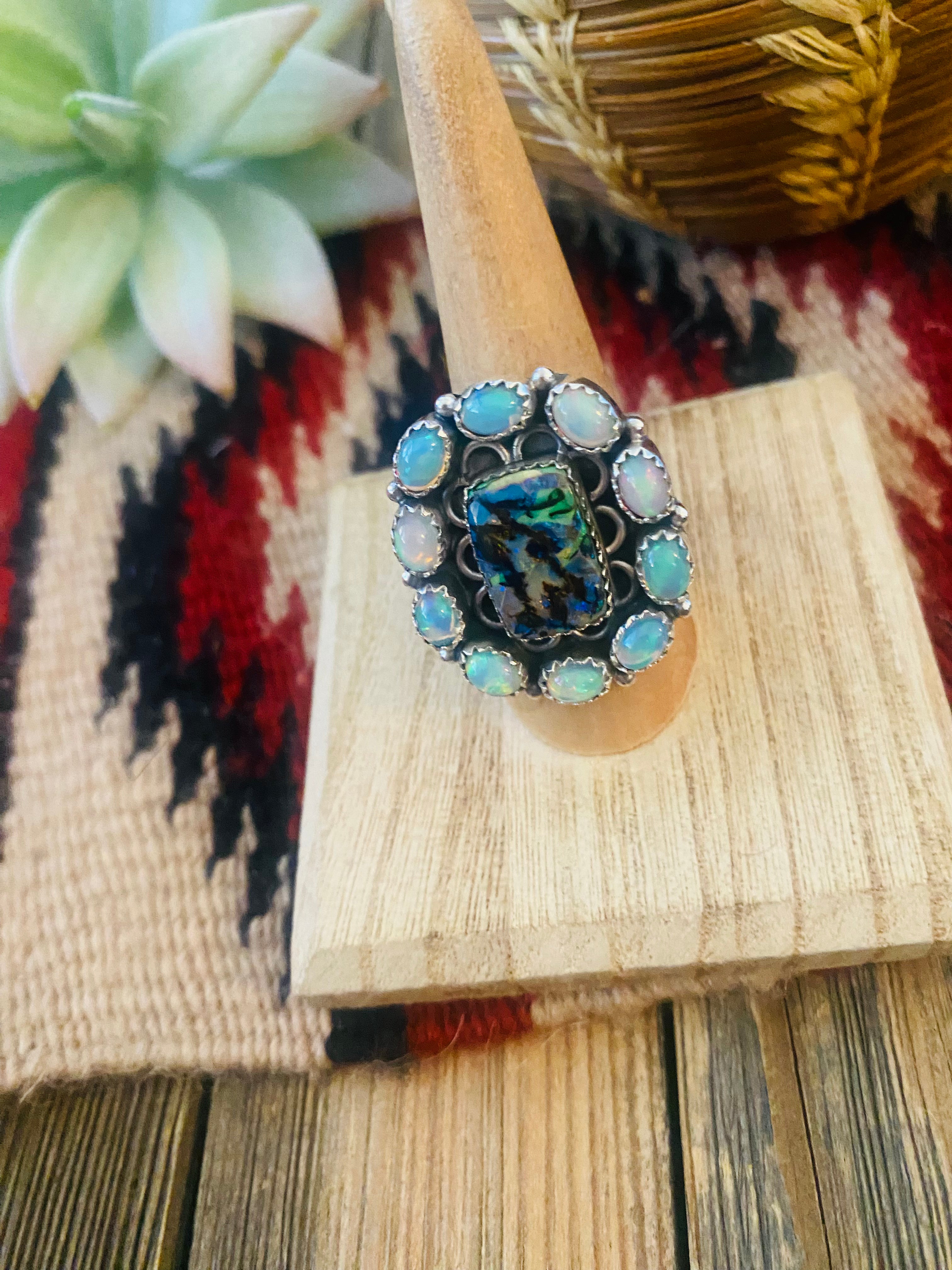 Handmade Sterling Silver & Opal Cluster Adjustable Ring