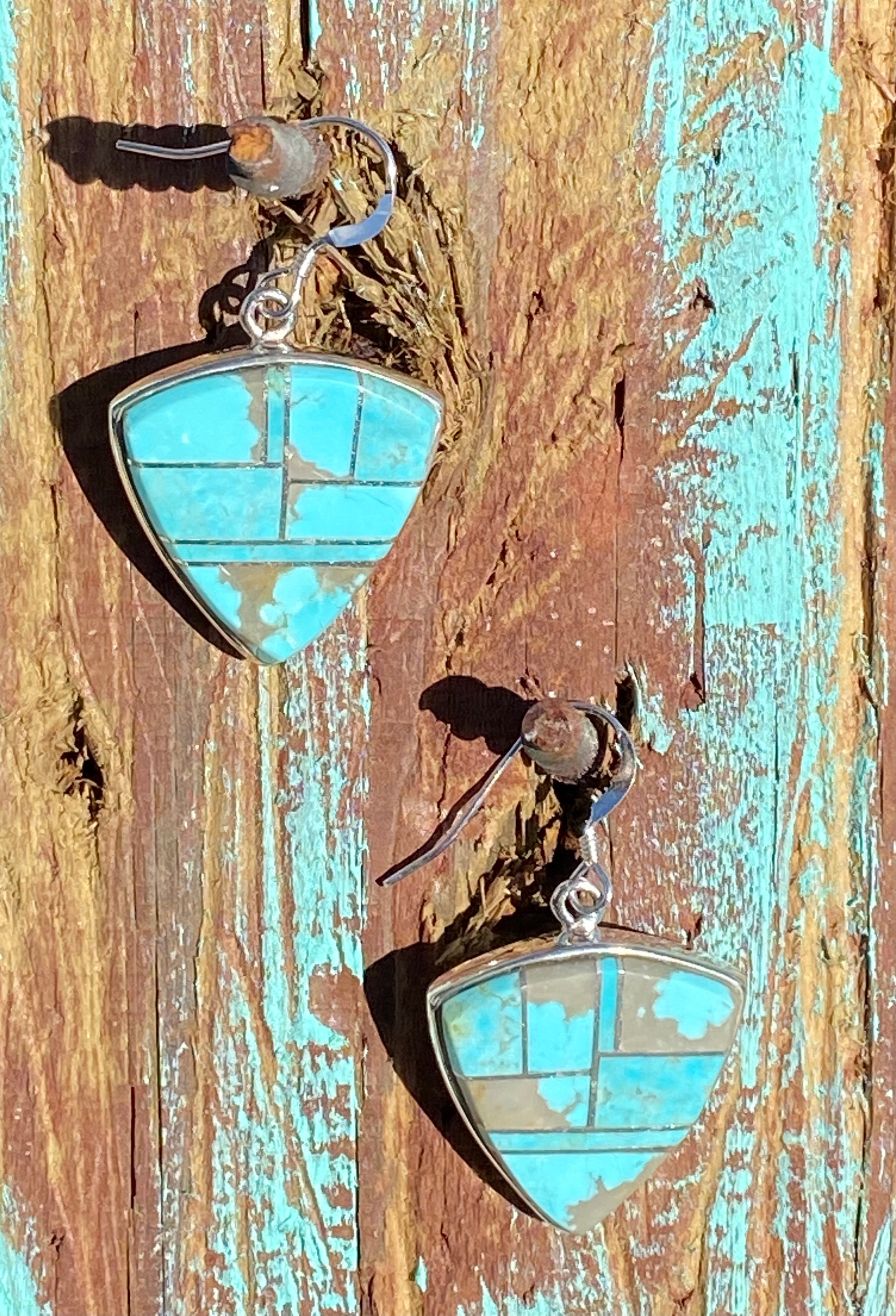 Navajo Turquoise 8 & Sterling Silver Shield Dangle Earrings