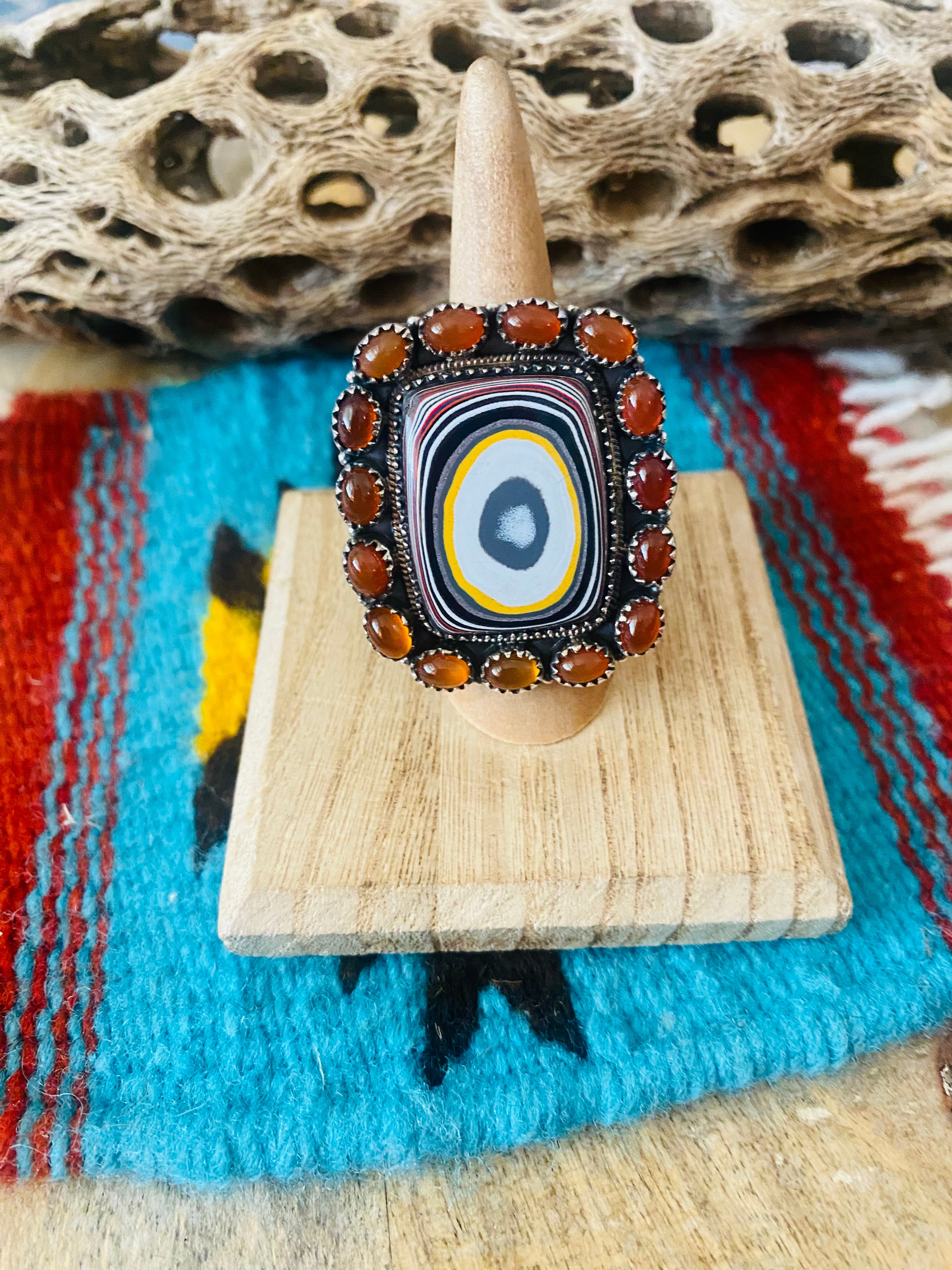 Handmade Sterling Silver, Fordite & Garnet Cluster Adjustable Ring