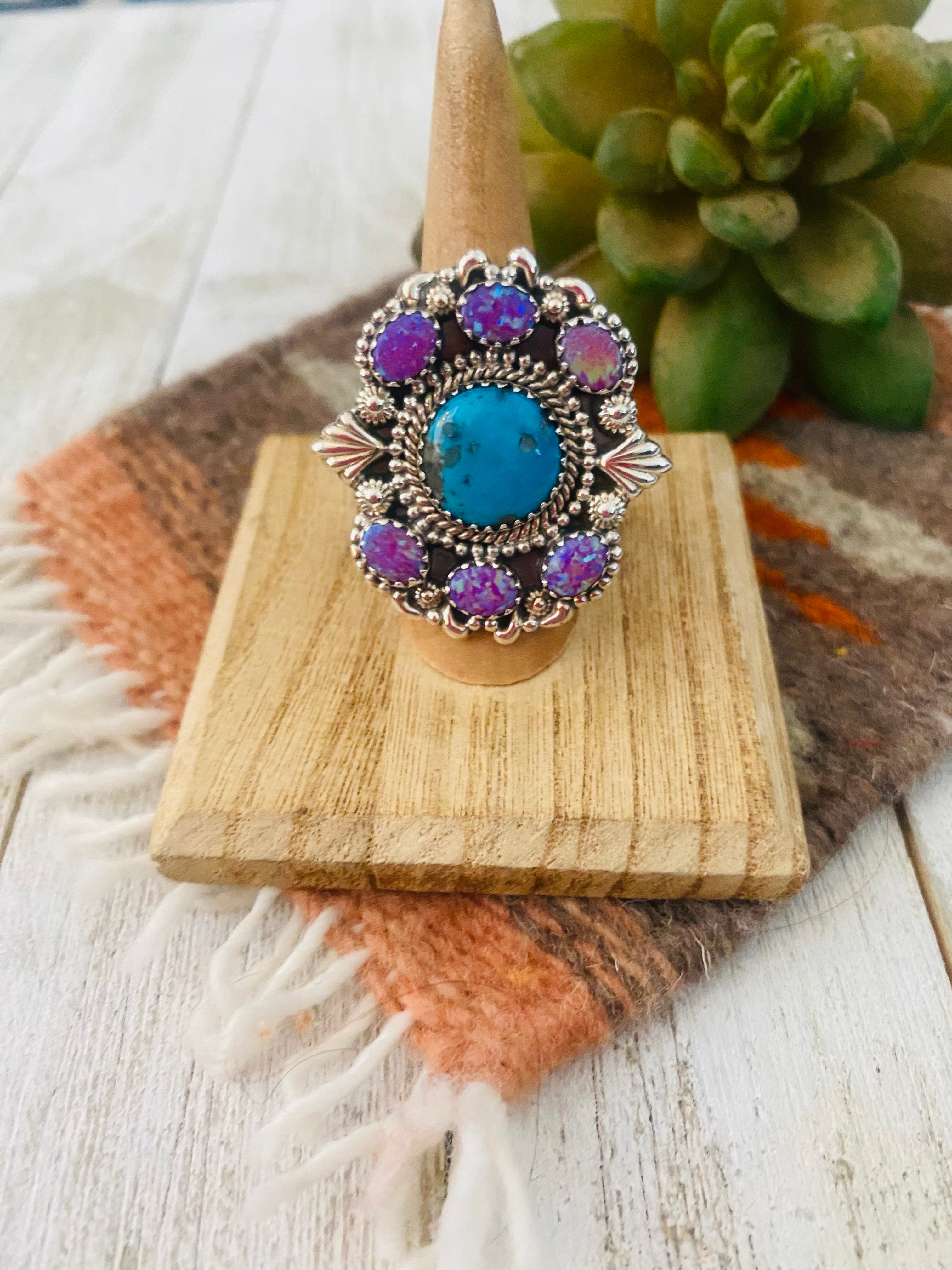 Handmade Sterling Silver, Turquoise & Opal Cluster Adjustable Ring