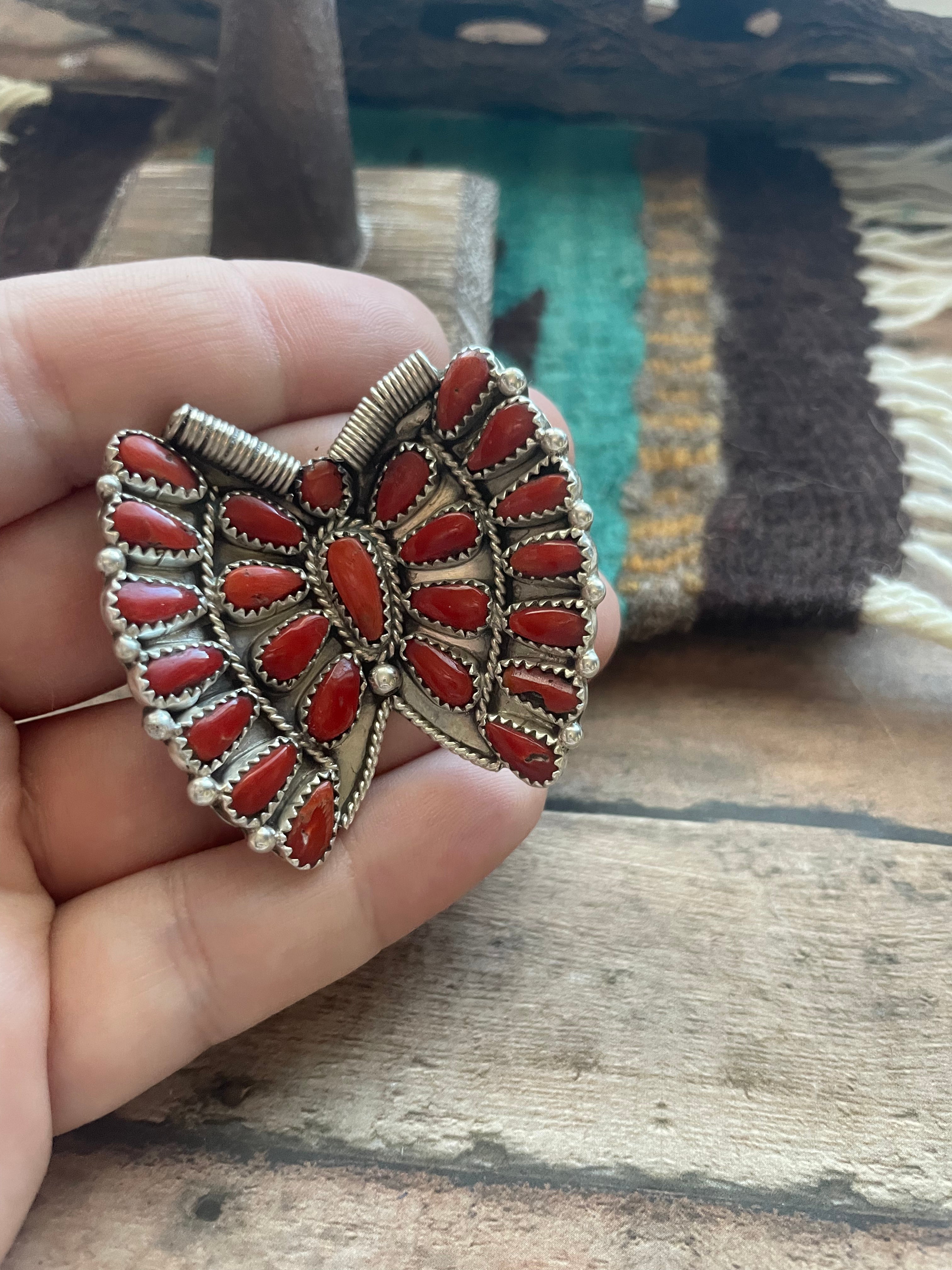 Navajo Coral And Sterling Silver Adjustable Butterfly Ring Signed