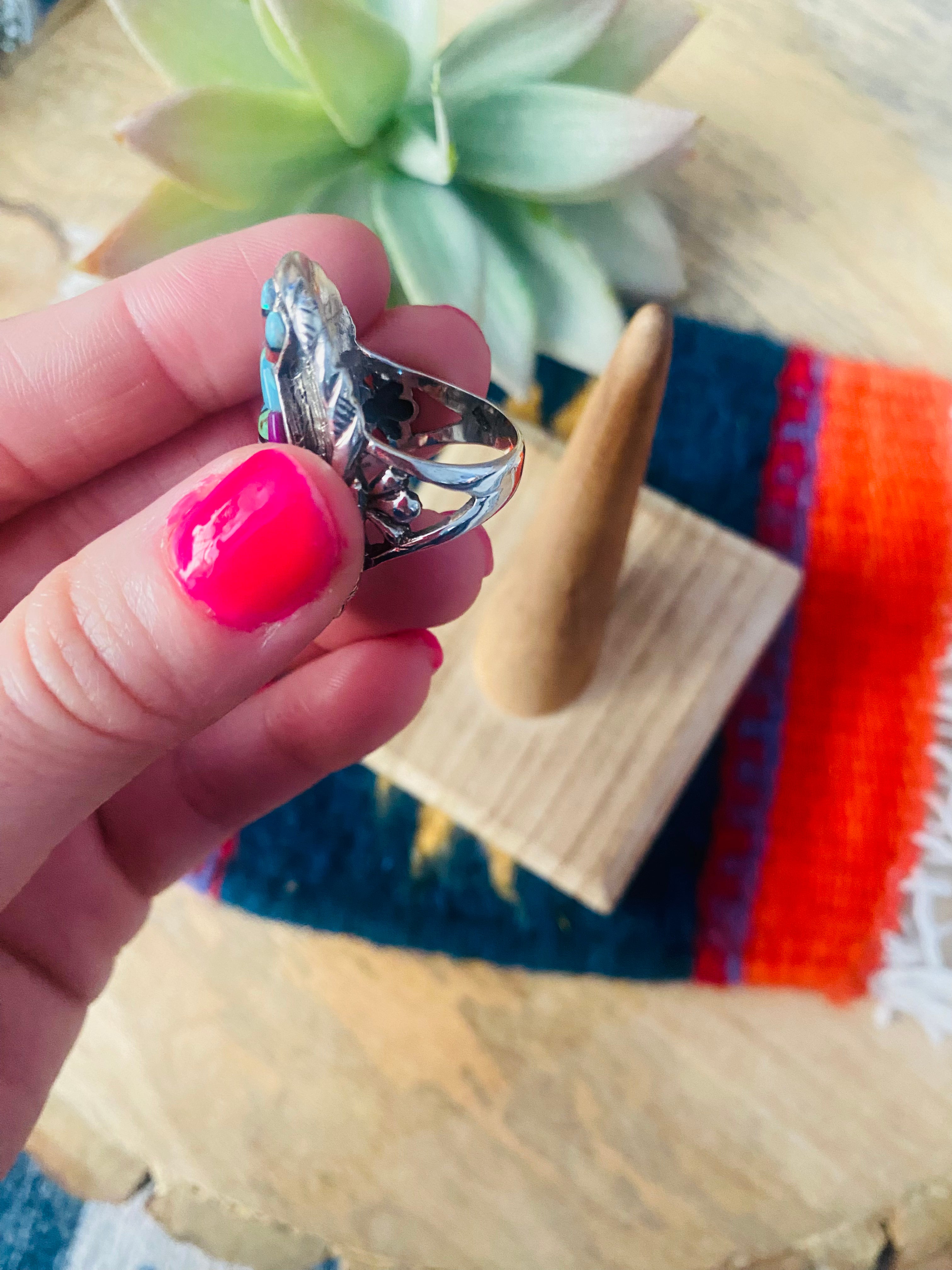 Handmade Sterling Silver & Multi Stone Inlay Kachina Ring Size 7