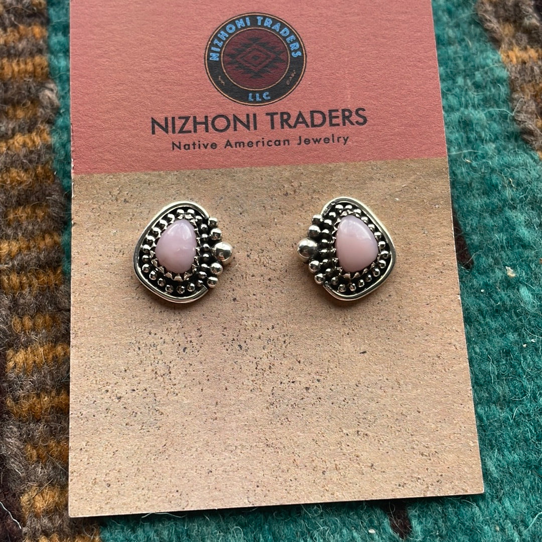 Handmade Sterling Silver Pink Opal Stud Earrings Signed Nizhoni