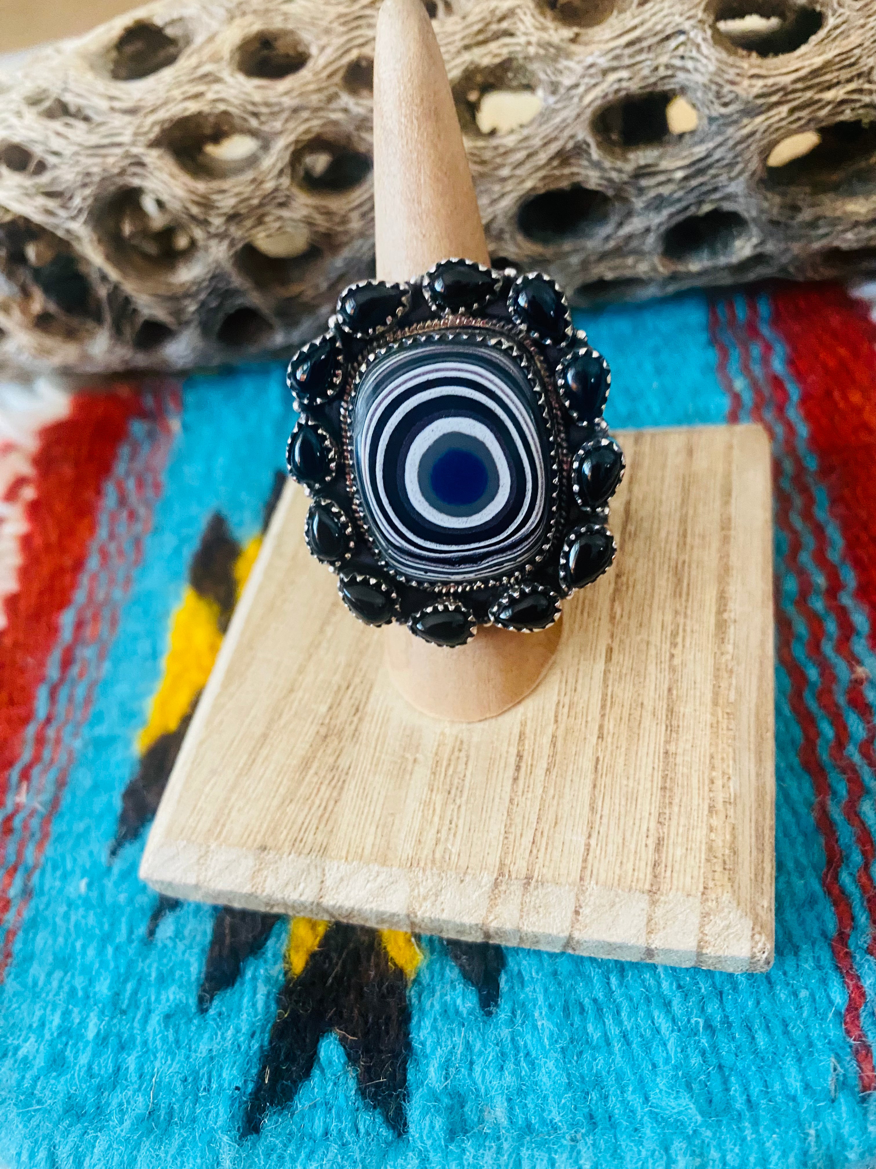 Handmade Sterling Silver, Fordite & Onyx Cluster Adjustable Ring