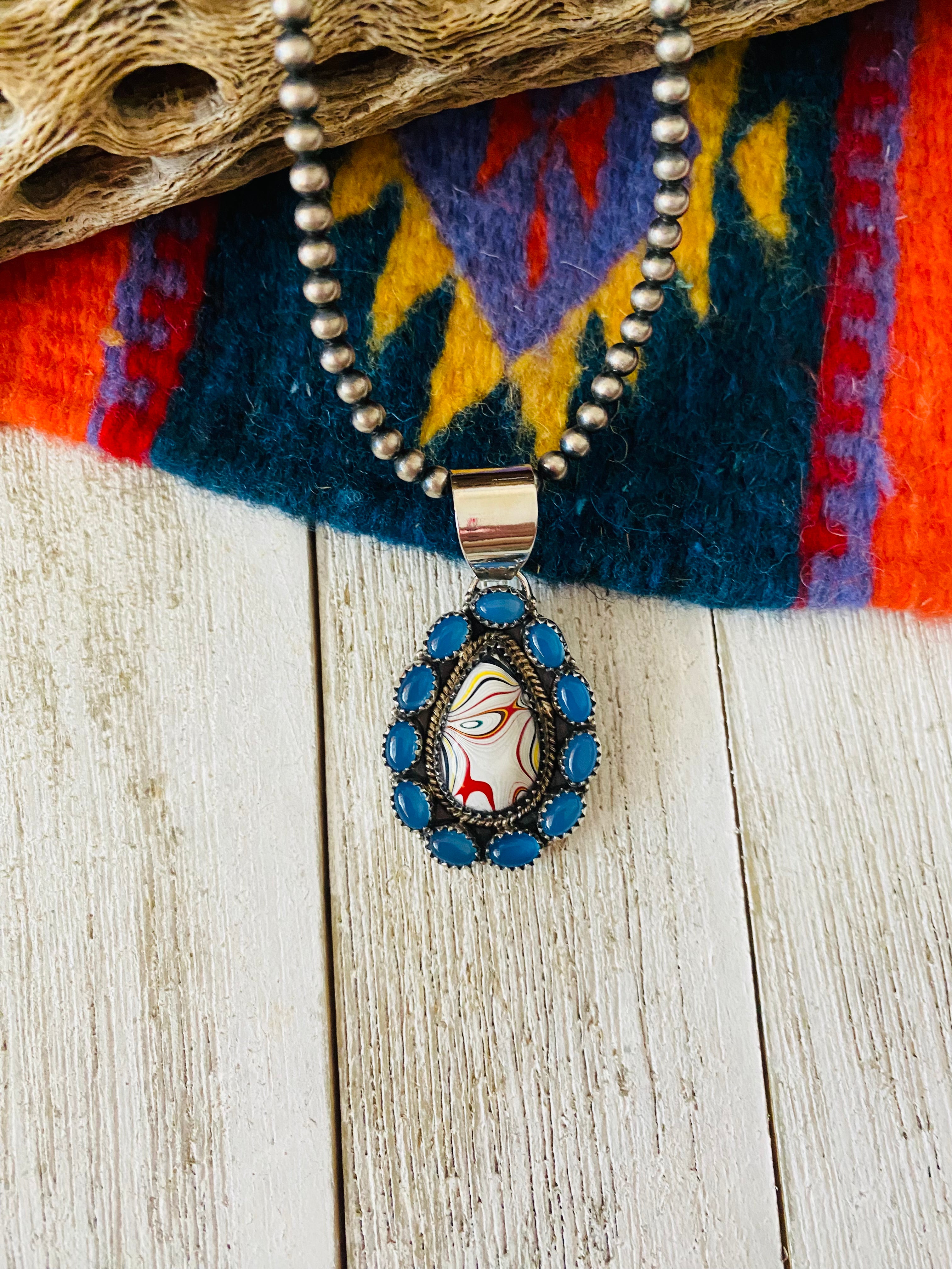 Handmade Sterling Silver, Fordite & Blue Calcedony Cluster Pendant