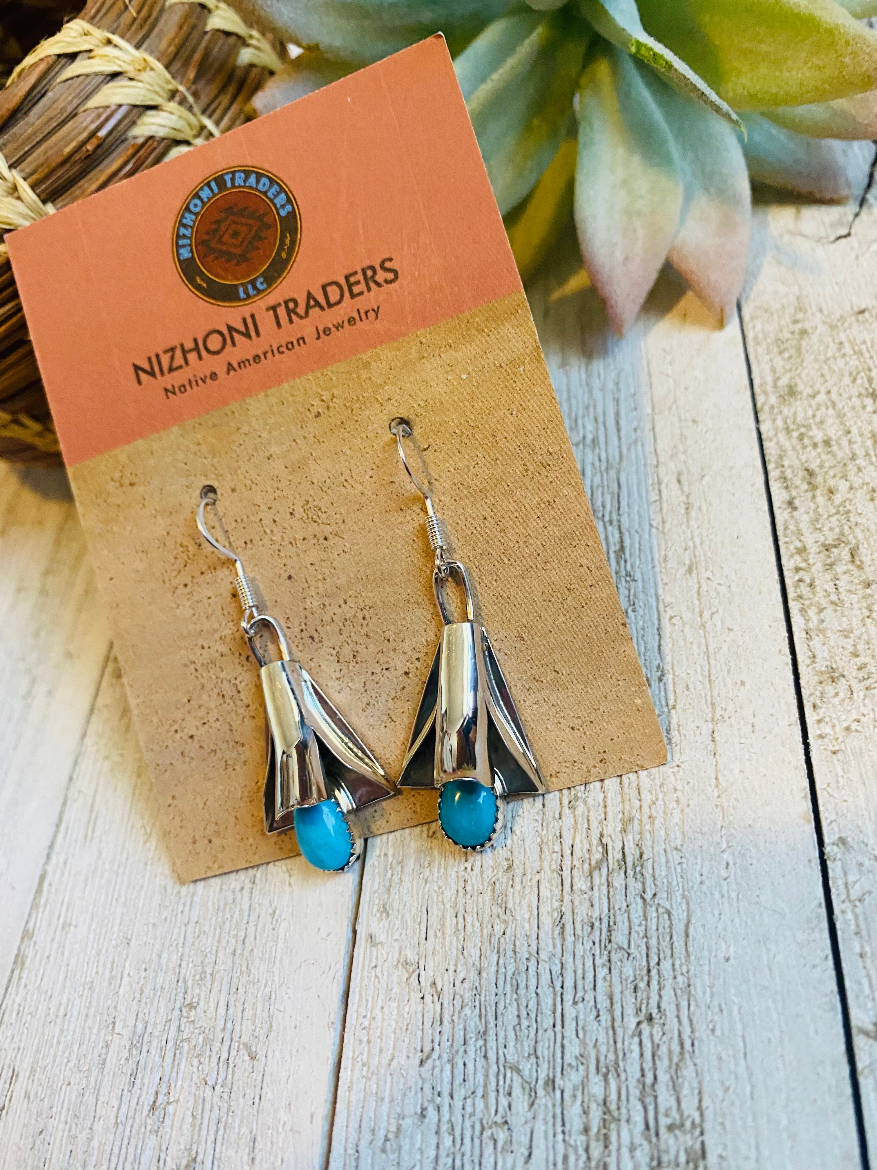 Navajo Turquoise & Sterling Silver Blossom Dangle Earrings