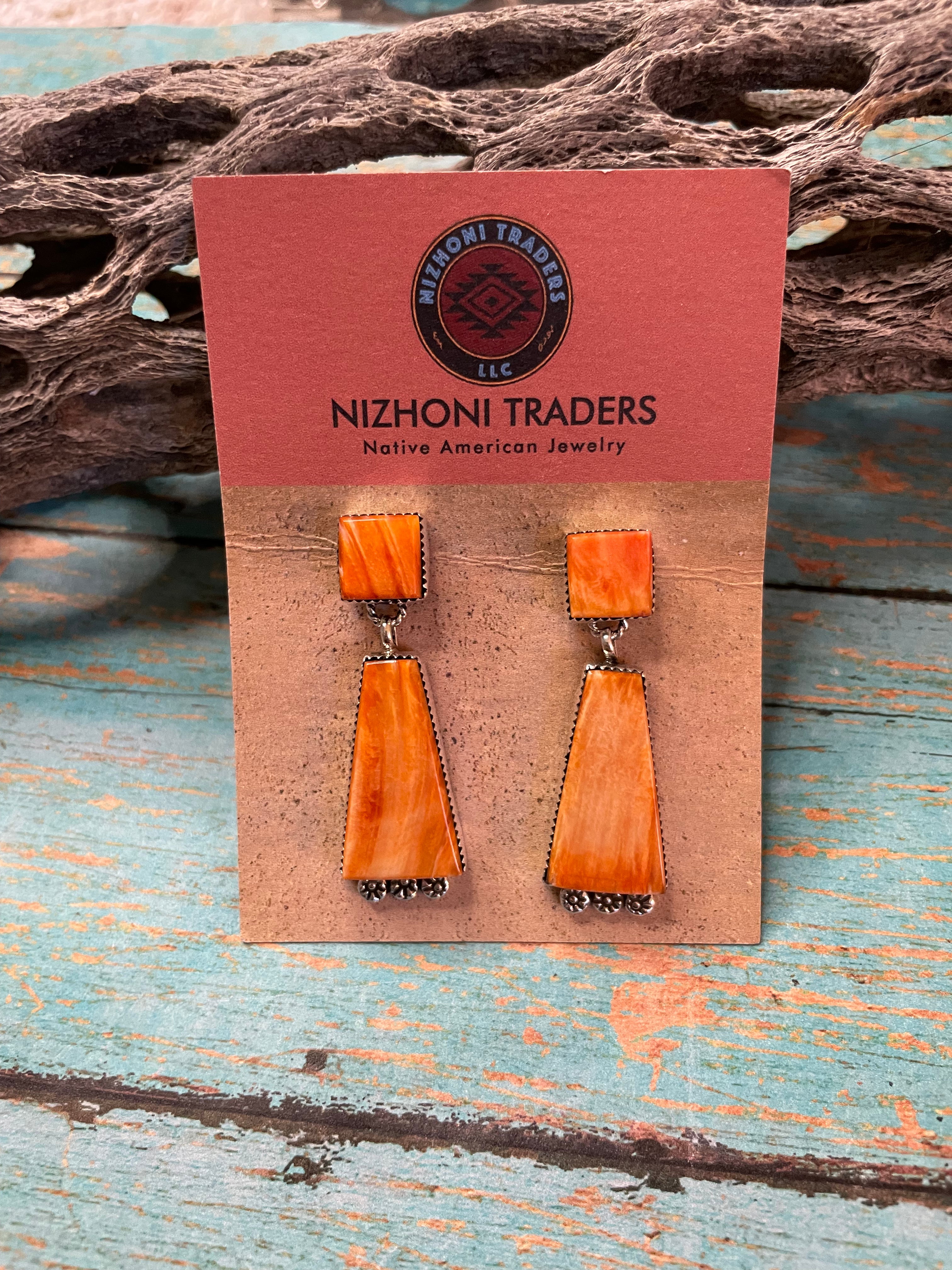 Navajo Sterling Silver And Coral Dangle Earrings