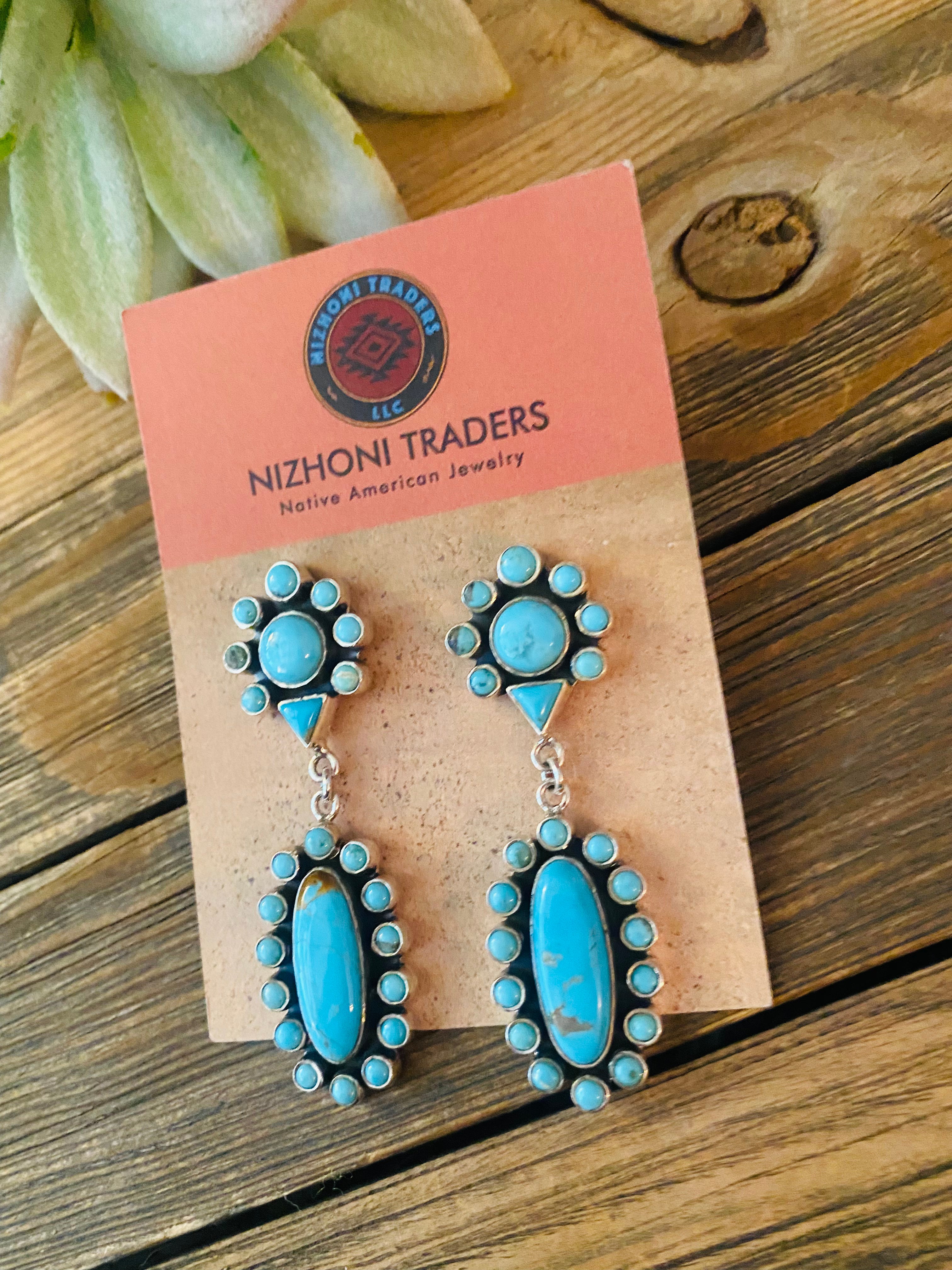 Handmade Turquoise And Sterling Silver Cluster Dangle Earrings