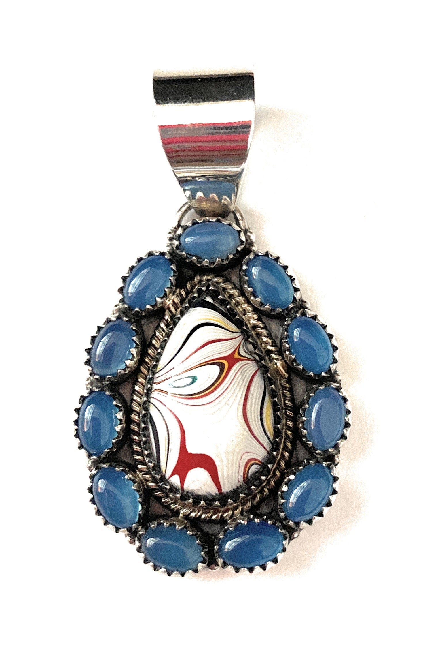 Handmade Sterling Silver, Fordite & Blue Calcedony Cluster Pendant