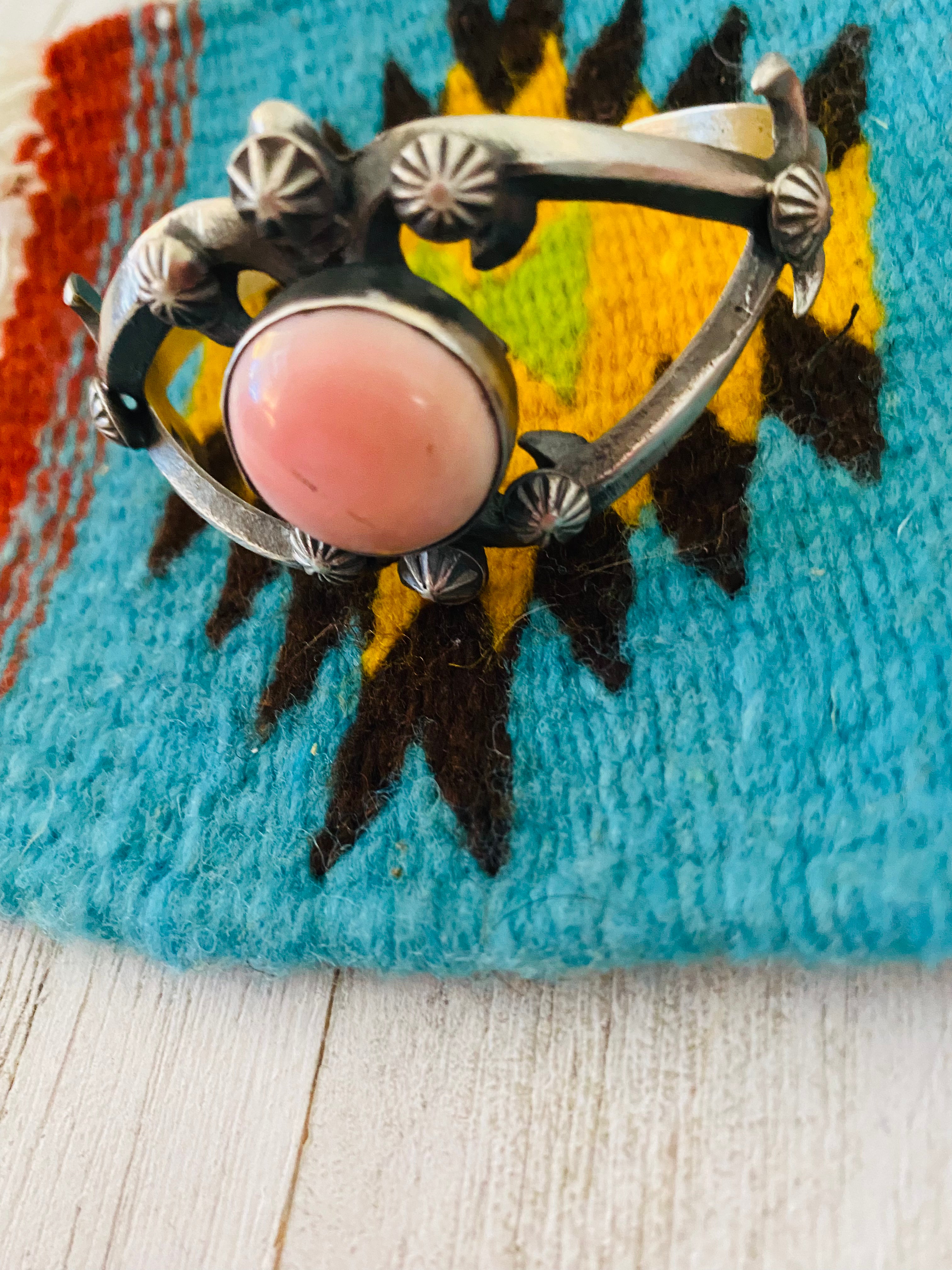 Navajo Queen Pink Conch Shell & Sterling Silver Cuff Bracelet By Chimney Butte