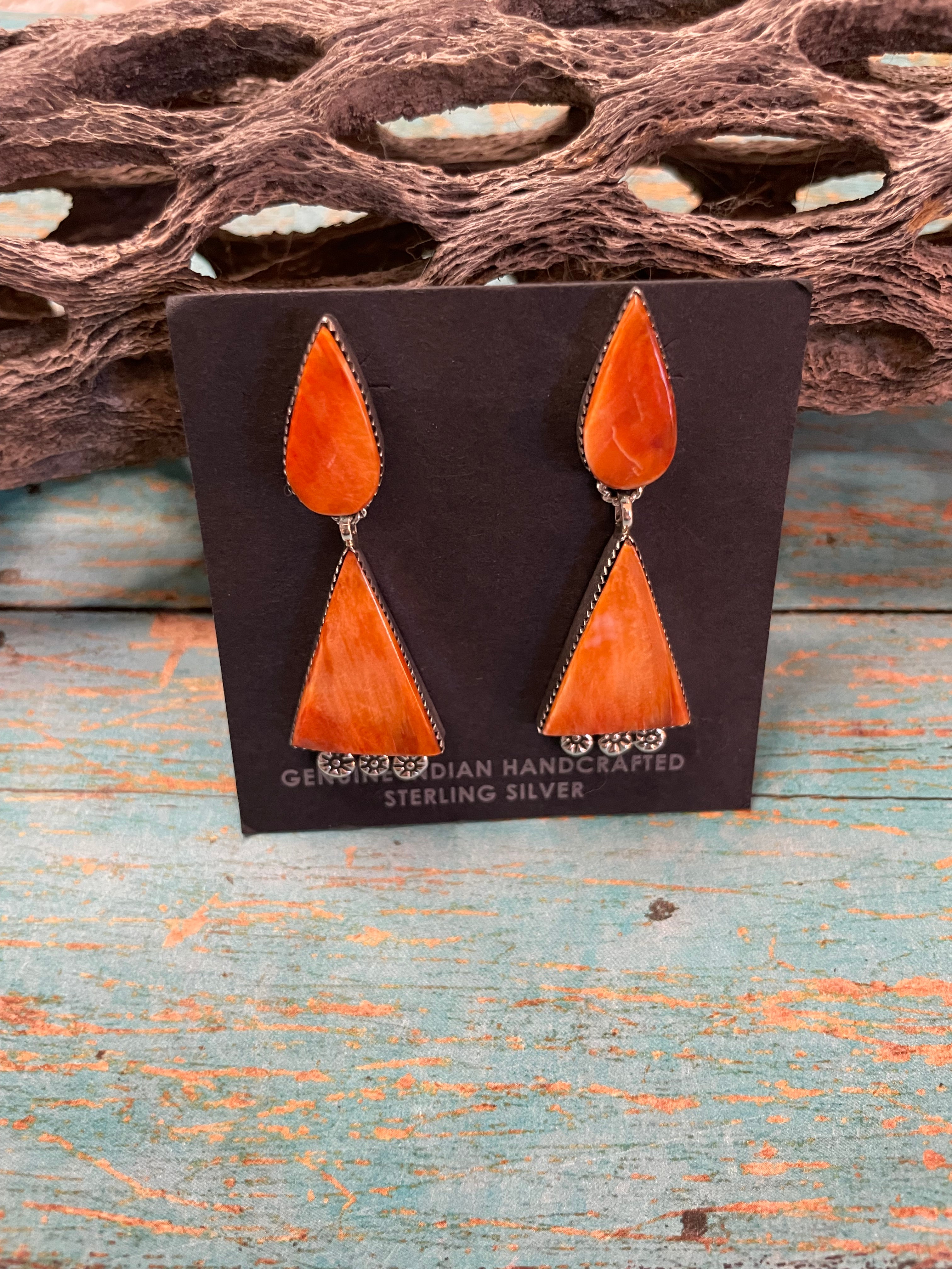 Navajo Sterling Silver And Coral Dangle Earrings