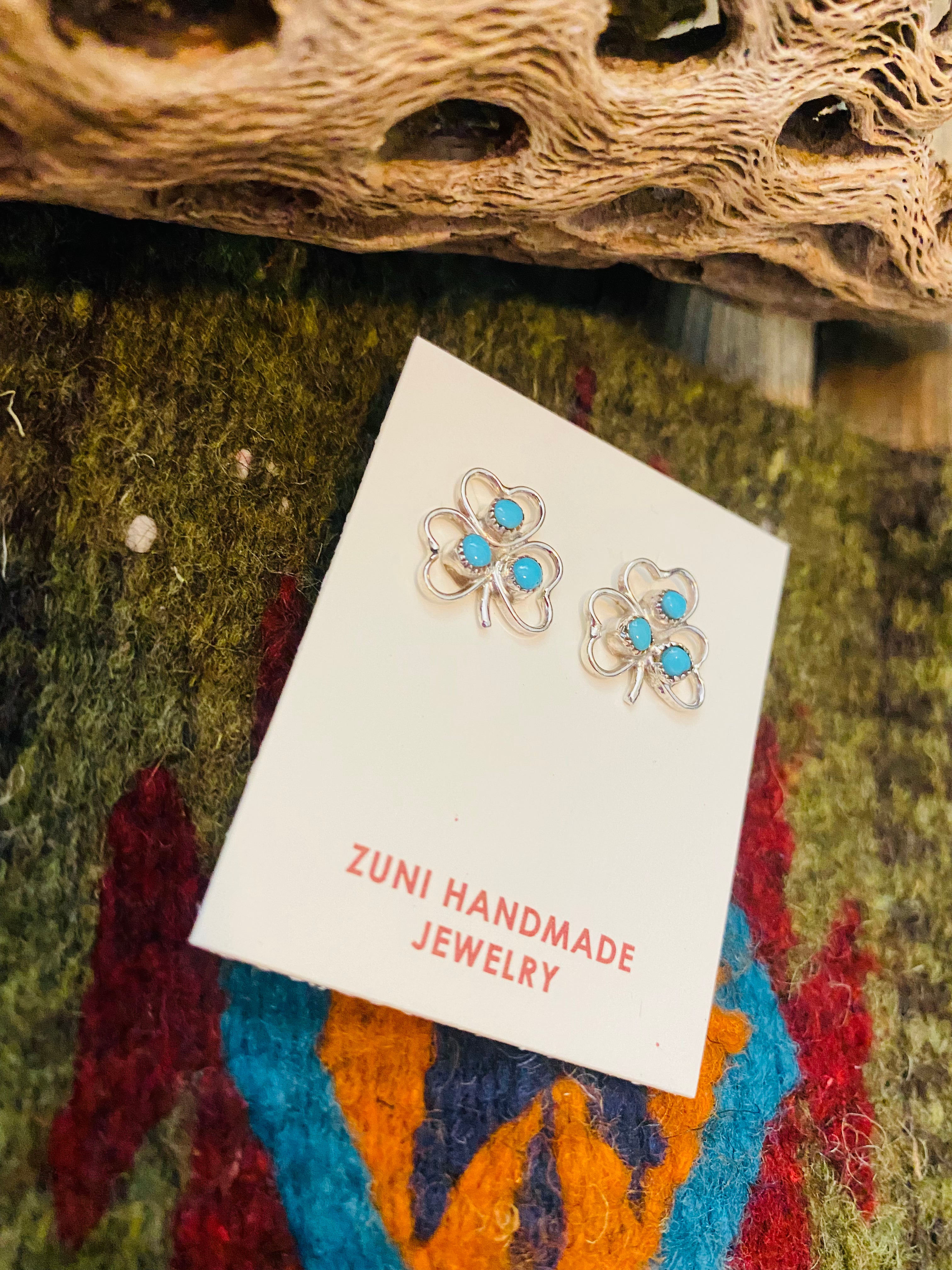 Zuni Sterling Silver & Turquoise Clover Stud Earrings