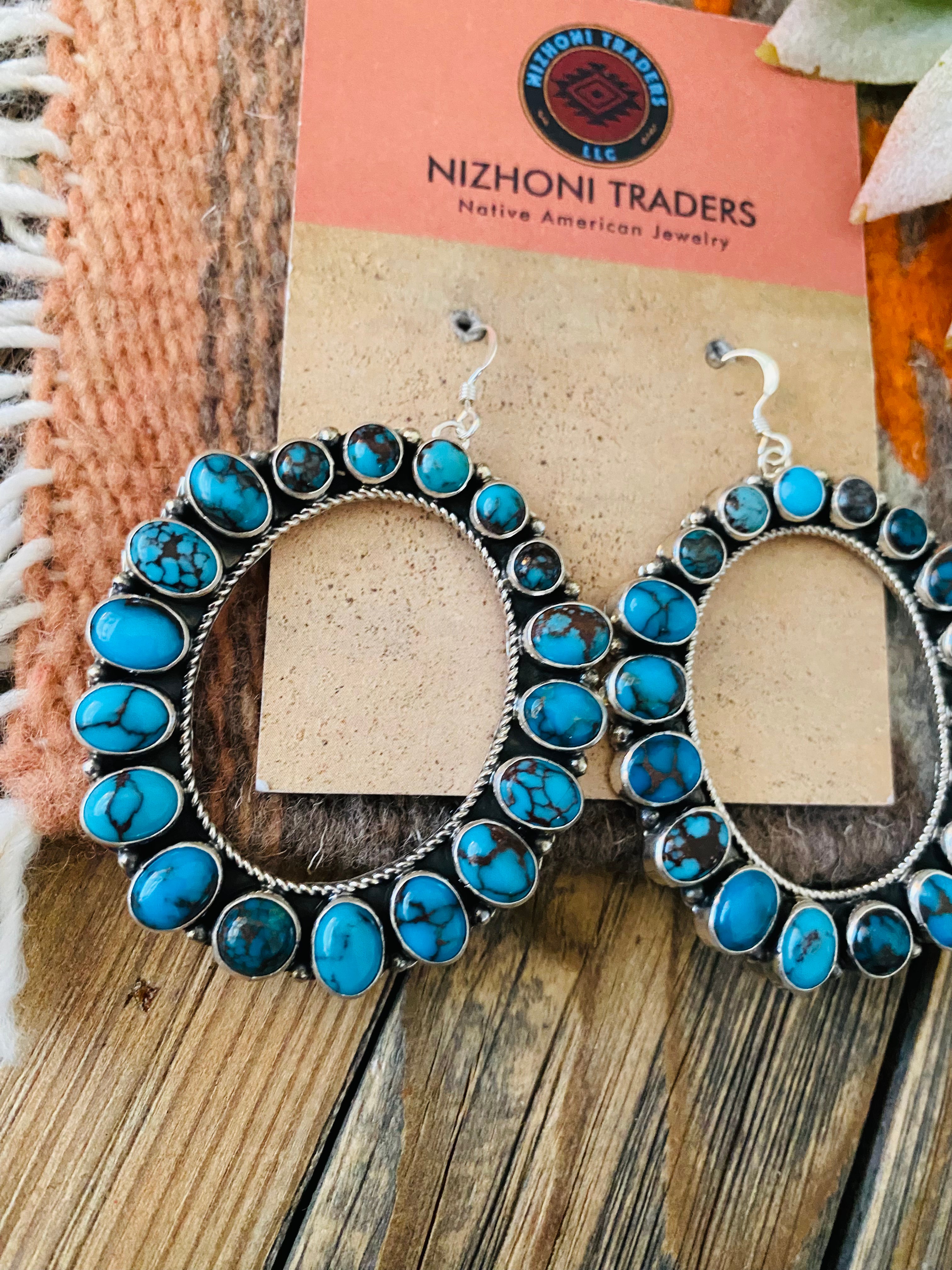 Navajo Sterling Silver & Kingman Web Turquoise Dangle Earrings